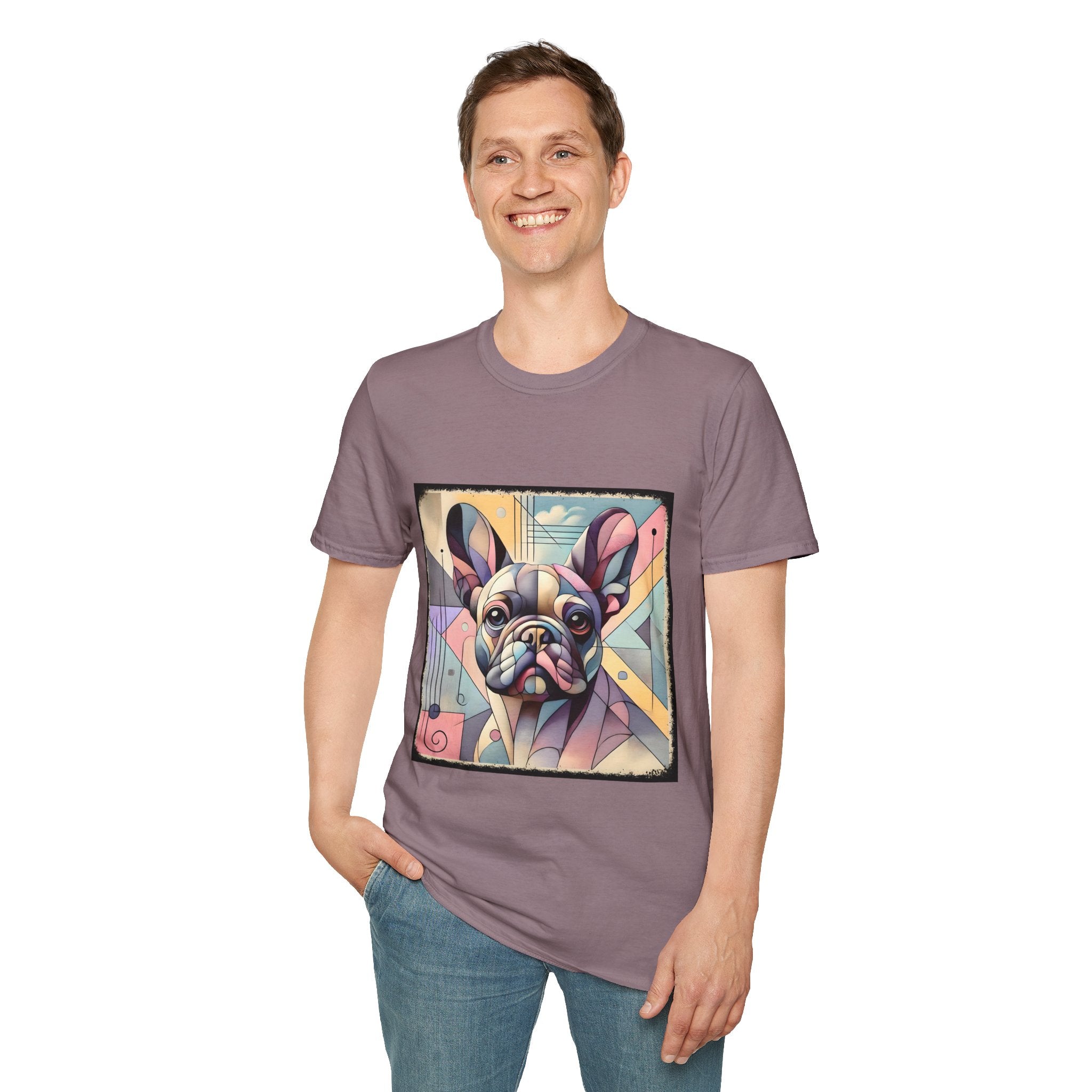 Smiling man in mauve shirt with Cubism-style French Bulldog design in soft pastel colors and abstract shapes.