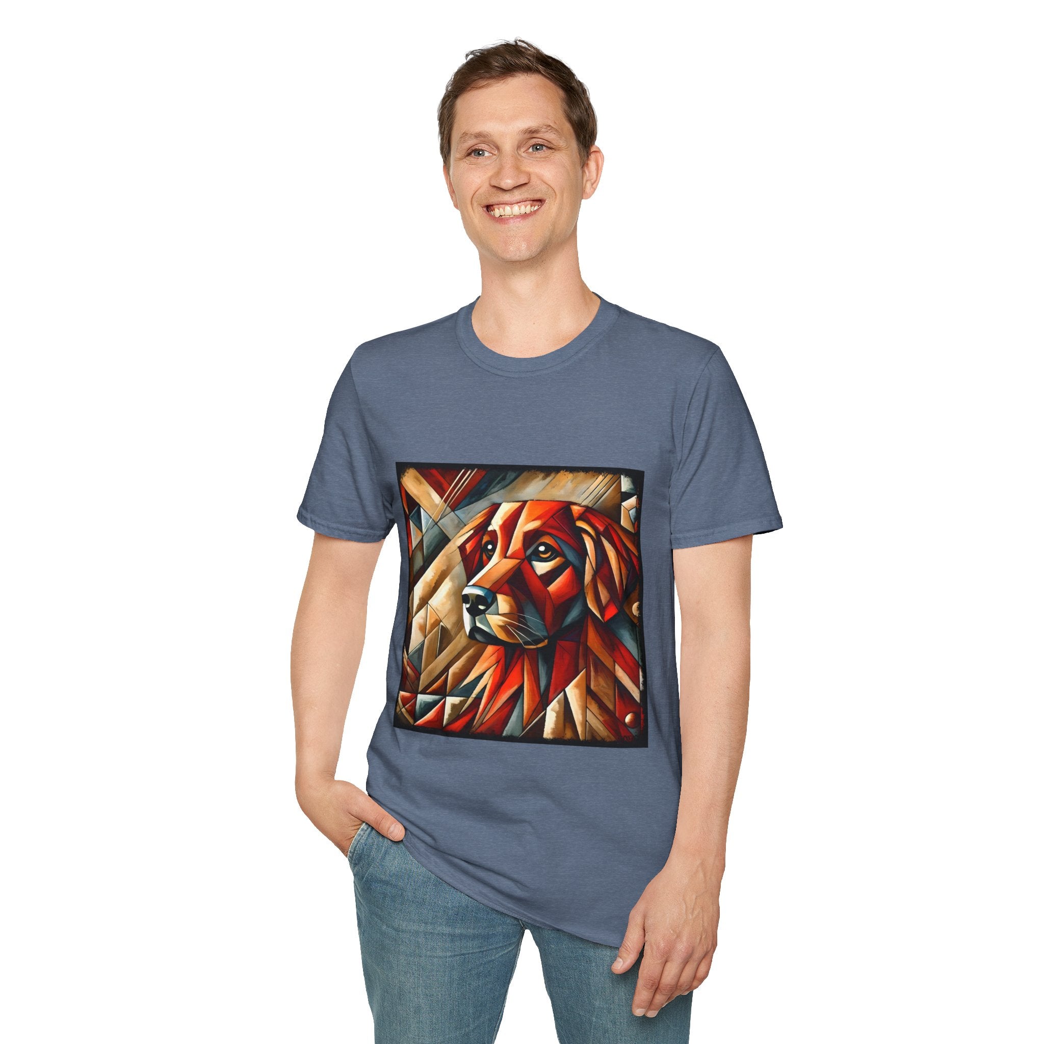 Male standing in heather indigo dog t-shirt featuring red geometric golden retriever portrait in cubist style with bold angles.