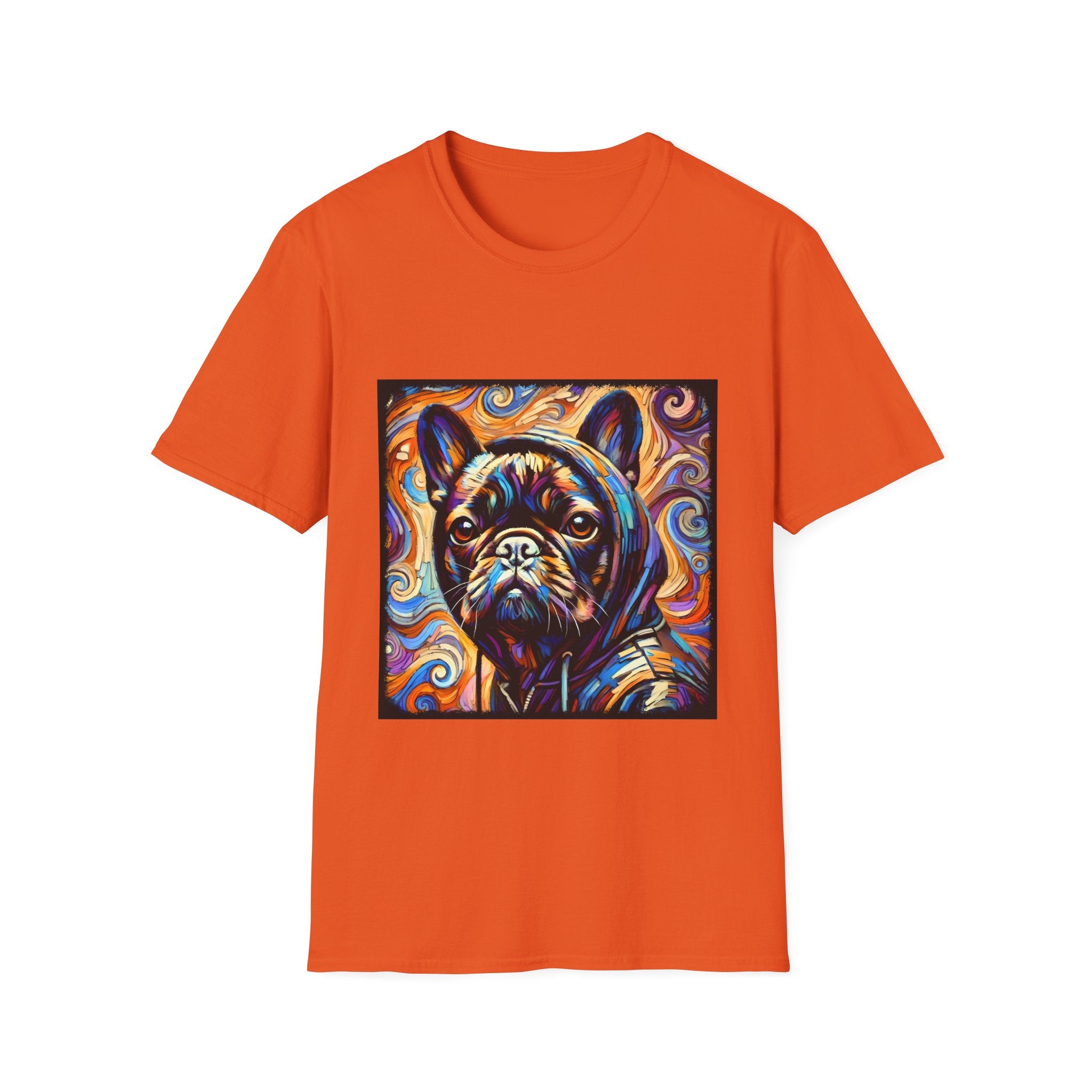 Dog t-shirt in dark orange featuring colorful French Bulldog in hoodie, set against vivid swirl-patterned background.