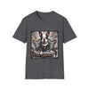 Charcoal gray dog t-shirt featuring Boston Terrier in leather studded jacket on striped chair with metallic swirl background.