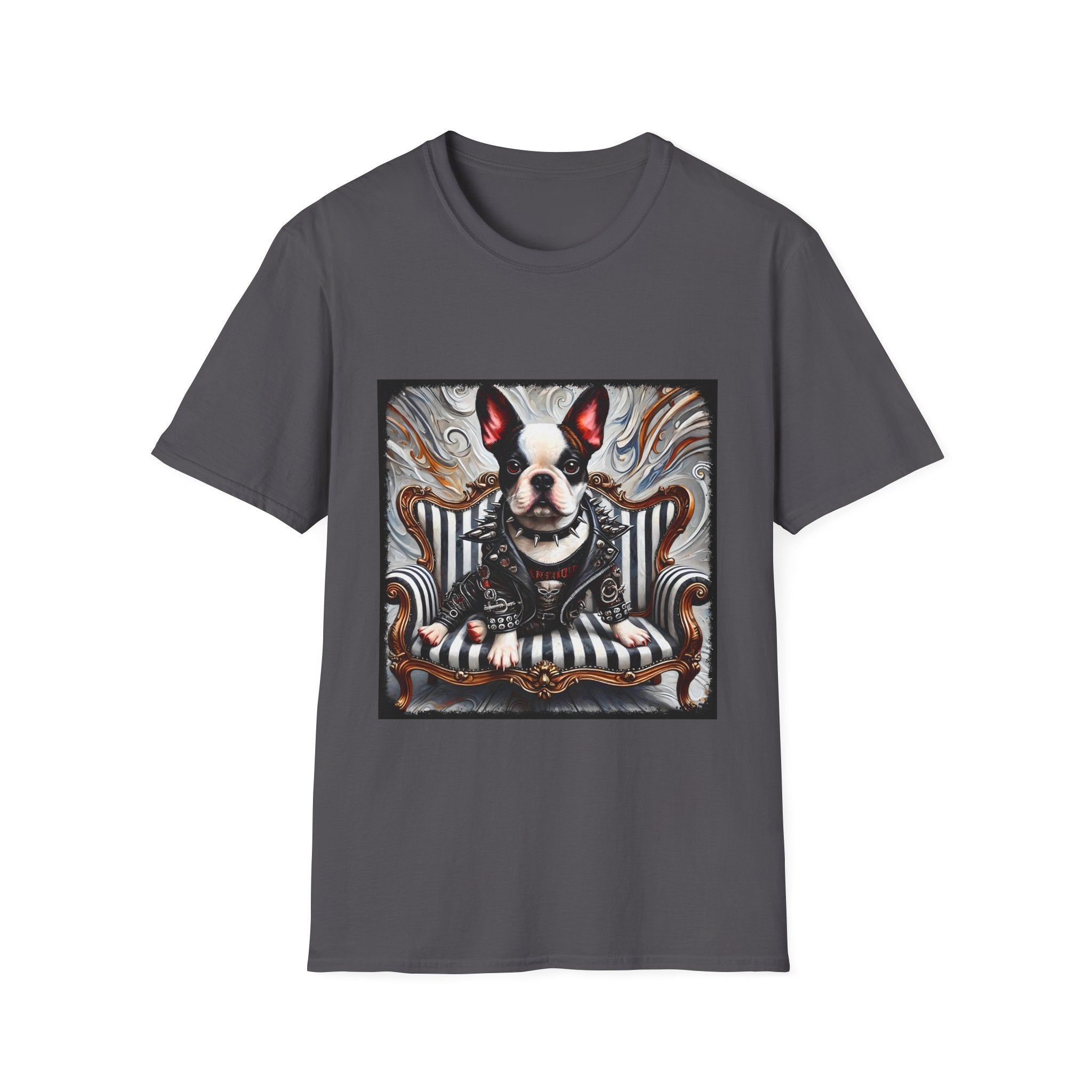 Charcoal gray dog t-shirt featuring Boston Terrier in leather studded jacket on striped chair with metallic swirl background.