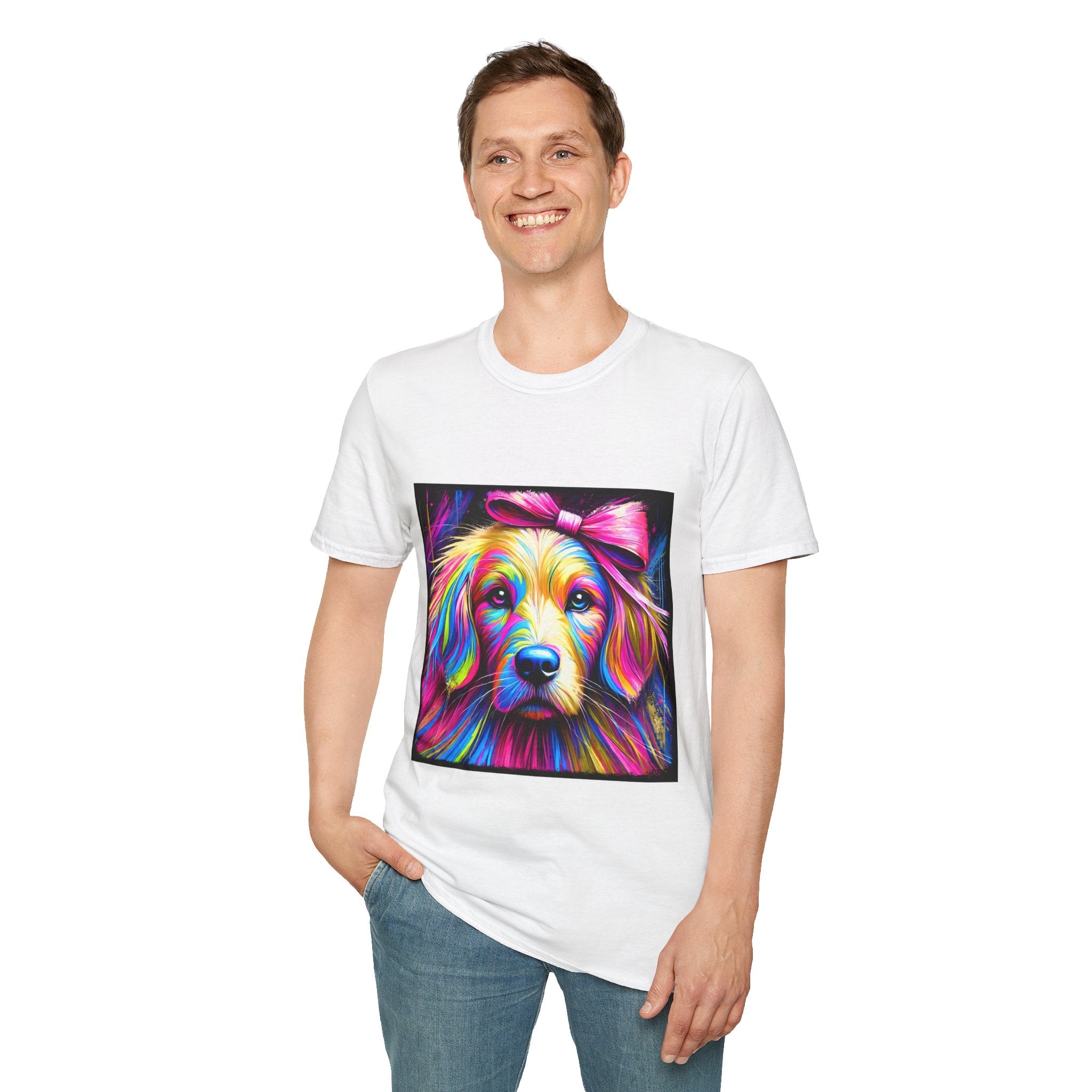 Male model in white dog t-shirt featuring neon-colored golden retriever with pink bow on vibrant electric abstract backdrop.