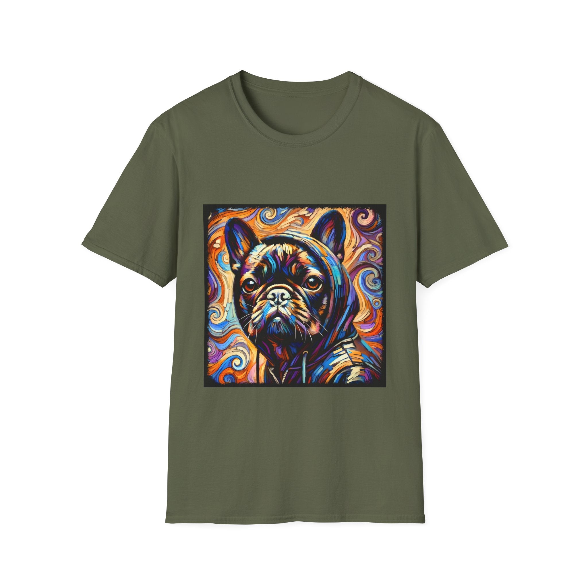 Dog t-shirt in military green featuring colorful French Bulldog in hoodie, set against vivid swirl-patterned background.