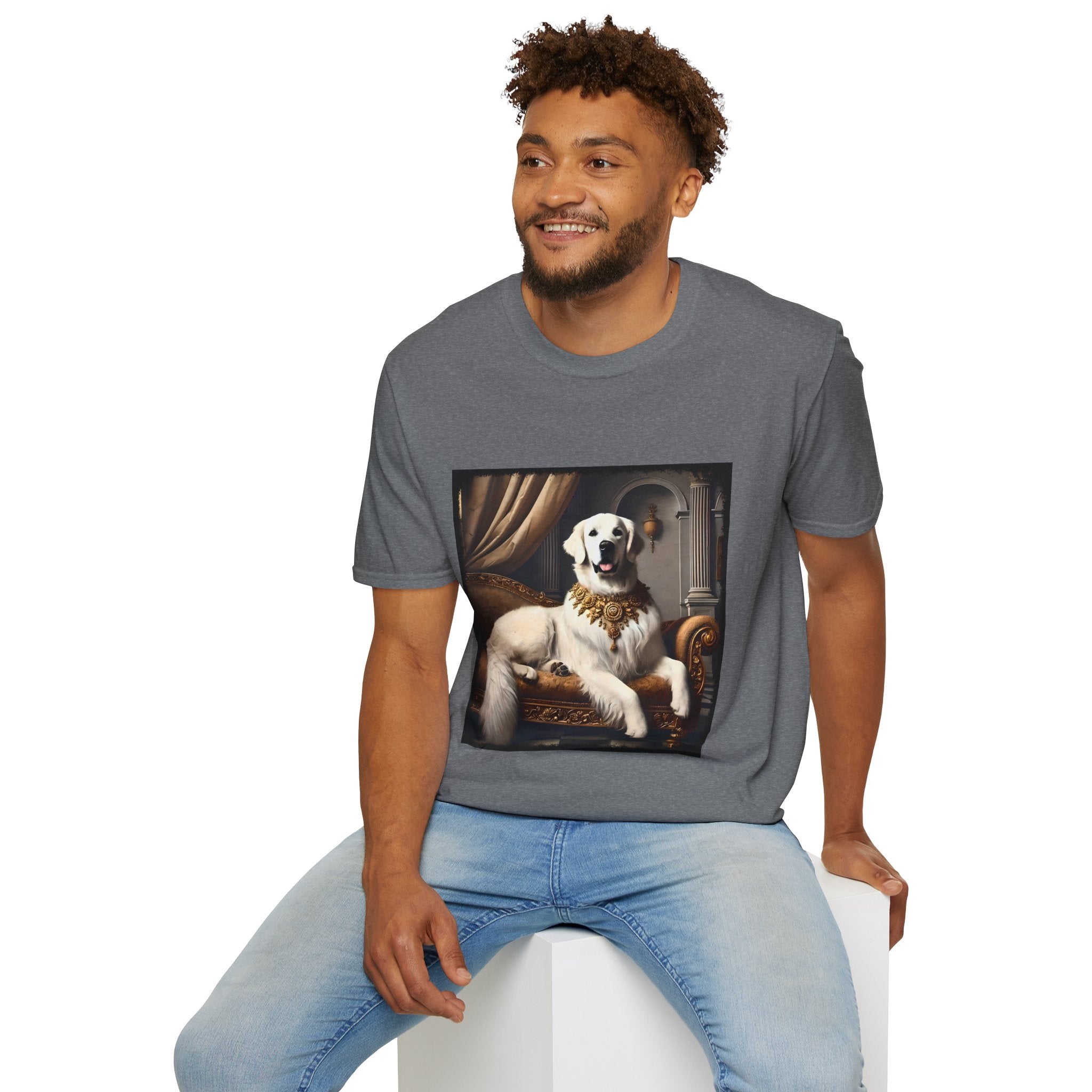 Male model wears graphite heather dog t-shirt featuring a regal white golden retriever lounging on a gold settee with ornate curtains.
