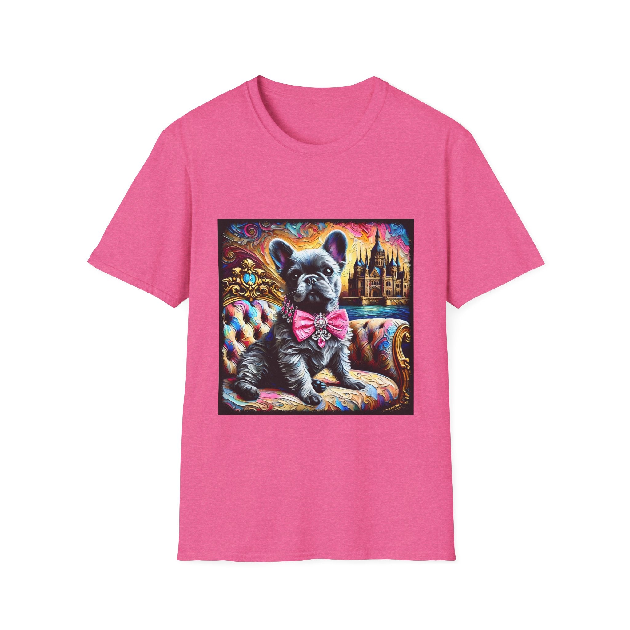 Bright Pink dog t-shirt featuring a black French Bulldog in pink bow on ornate settee, with vivid castle and swirl background.