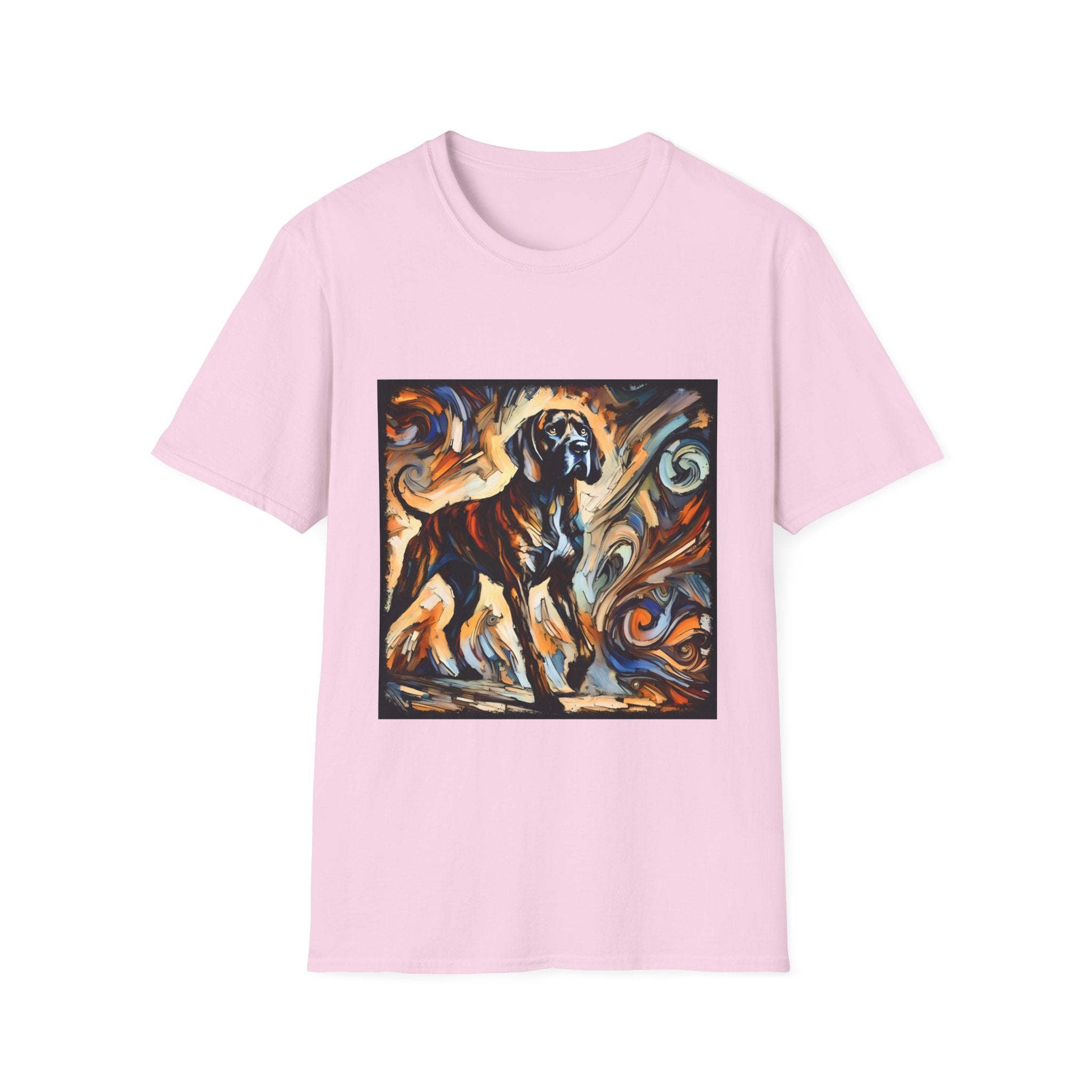 Light pink dog t-shirt featuring a Coonhound with bold brush strokes in orange, blue, black, and cream.