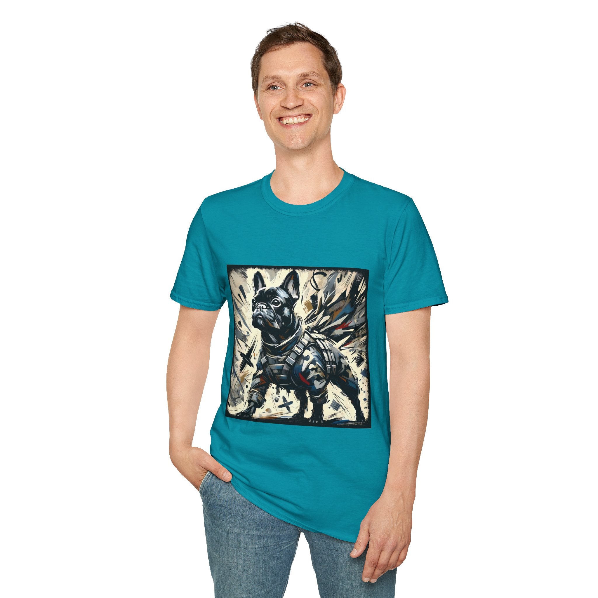 Man smiling in jade dome dog t-shirt featuring heroic black French Bulldog in battle armor, set against abstract explosive strokes.