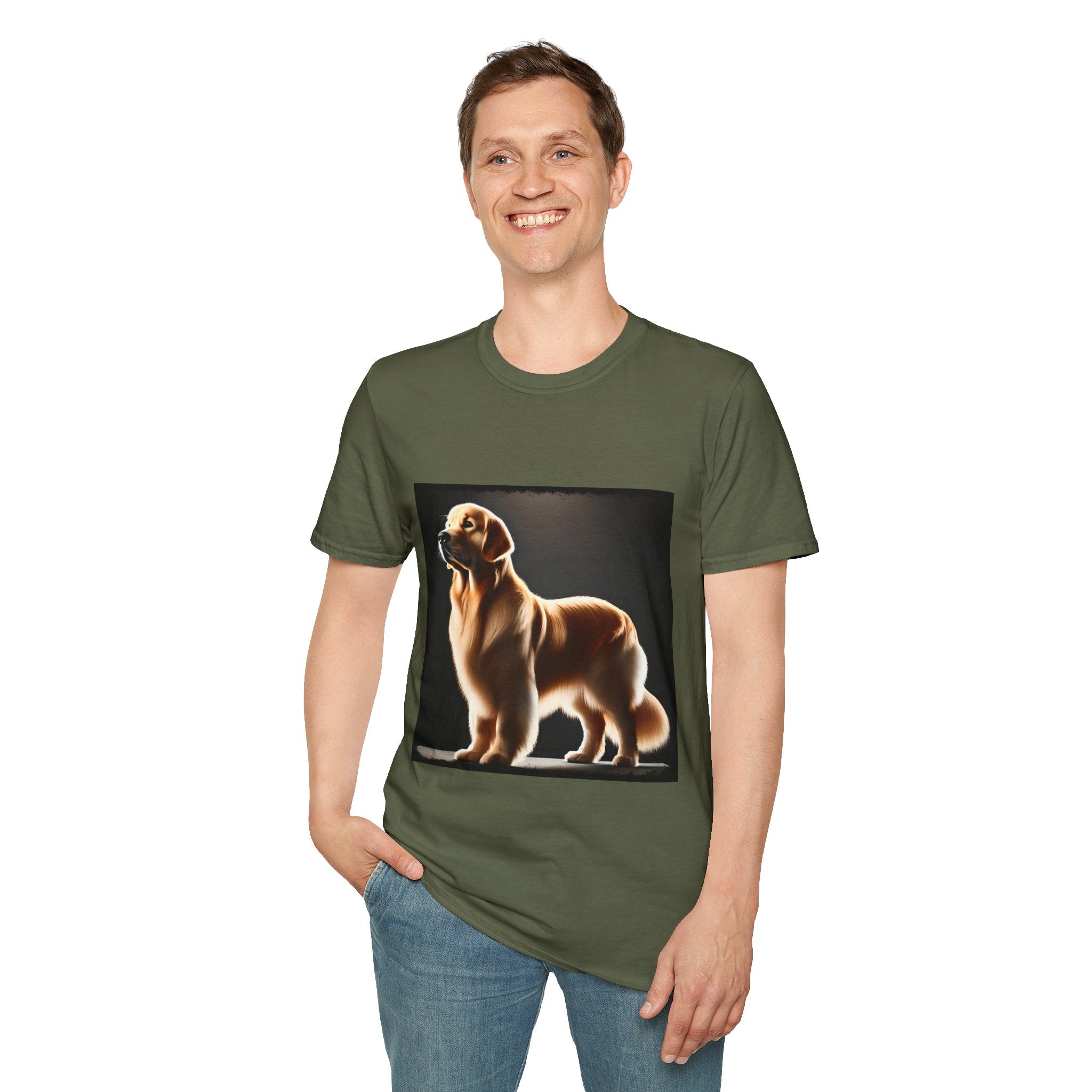 Male model in military green dog t-shirt with golden retriever standing tall under spotlight on black background.