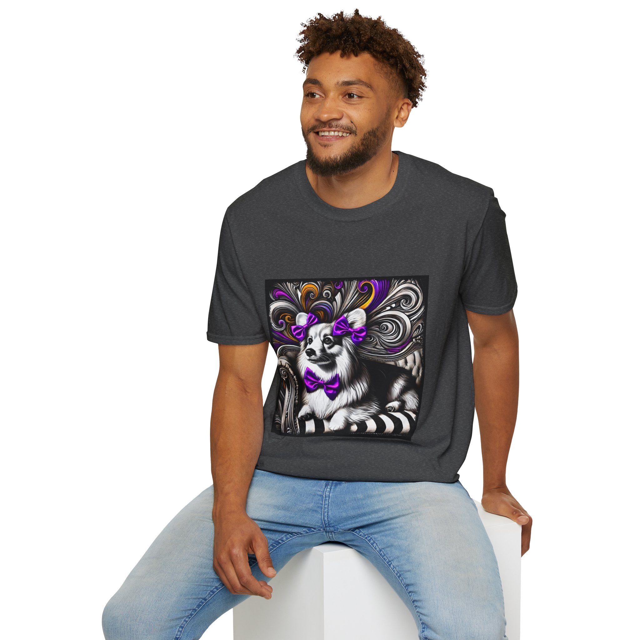 Pembroke Welsh Corgi B&W Purple Bow | Unisex Dog T-Shirt