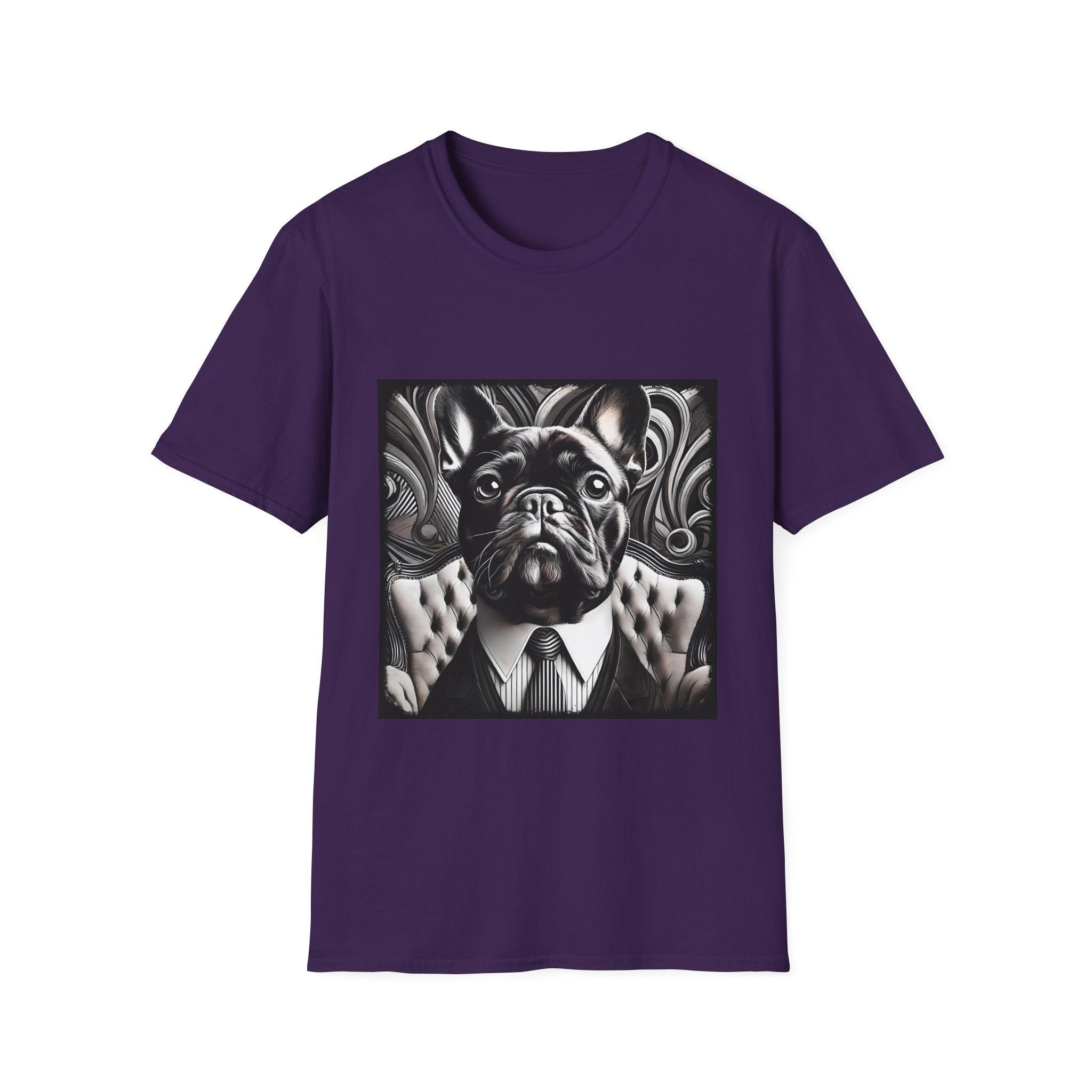 Purple dog t-shirt featuring black French Bulldog in suit with swirl background, monochrome style.