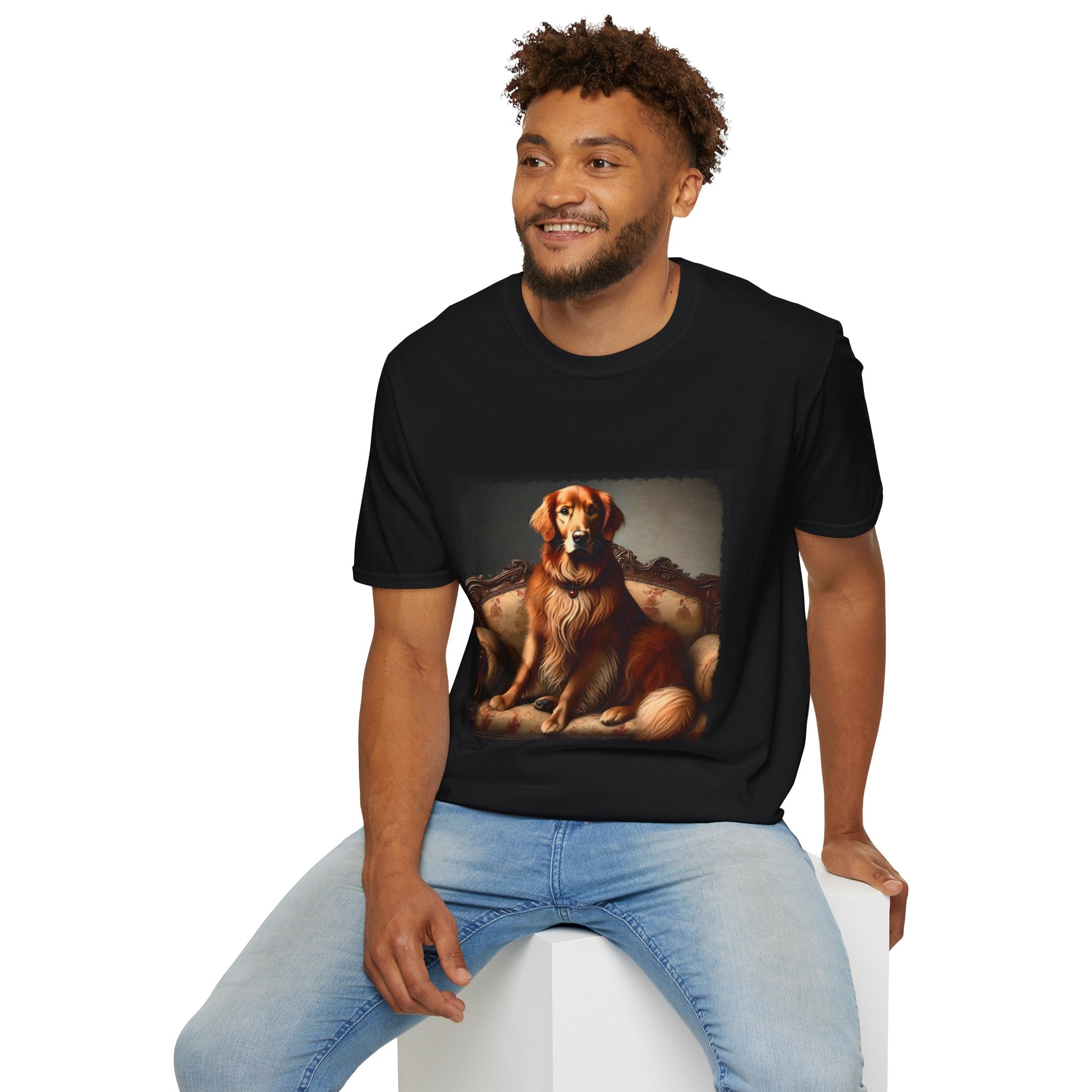 Male model in black dog t-shirt featuring golden retriever on ornate settee with long fur and classic red tones.