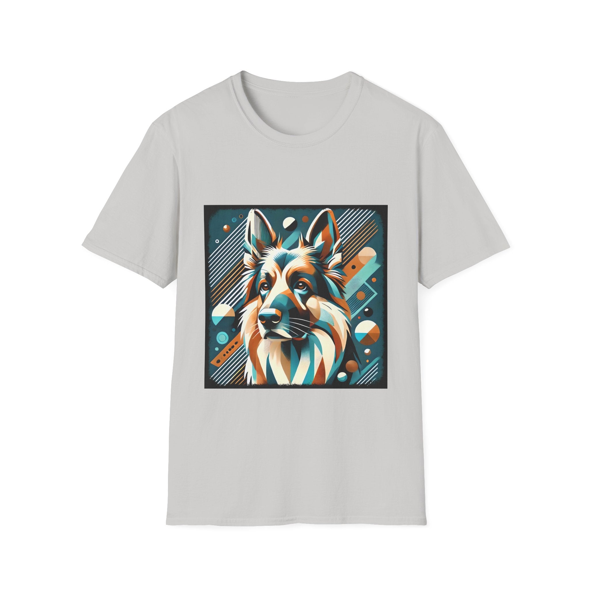 The German Shepherd Vibrant Geometric Unisex Dog T-Shirt features a light gray design with a bold, abstract German Shepherd surrounded by teal, orange, and white shapes—ideal for unique dog shirt fans.