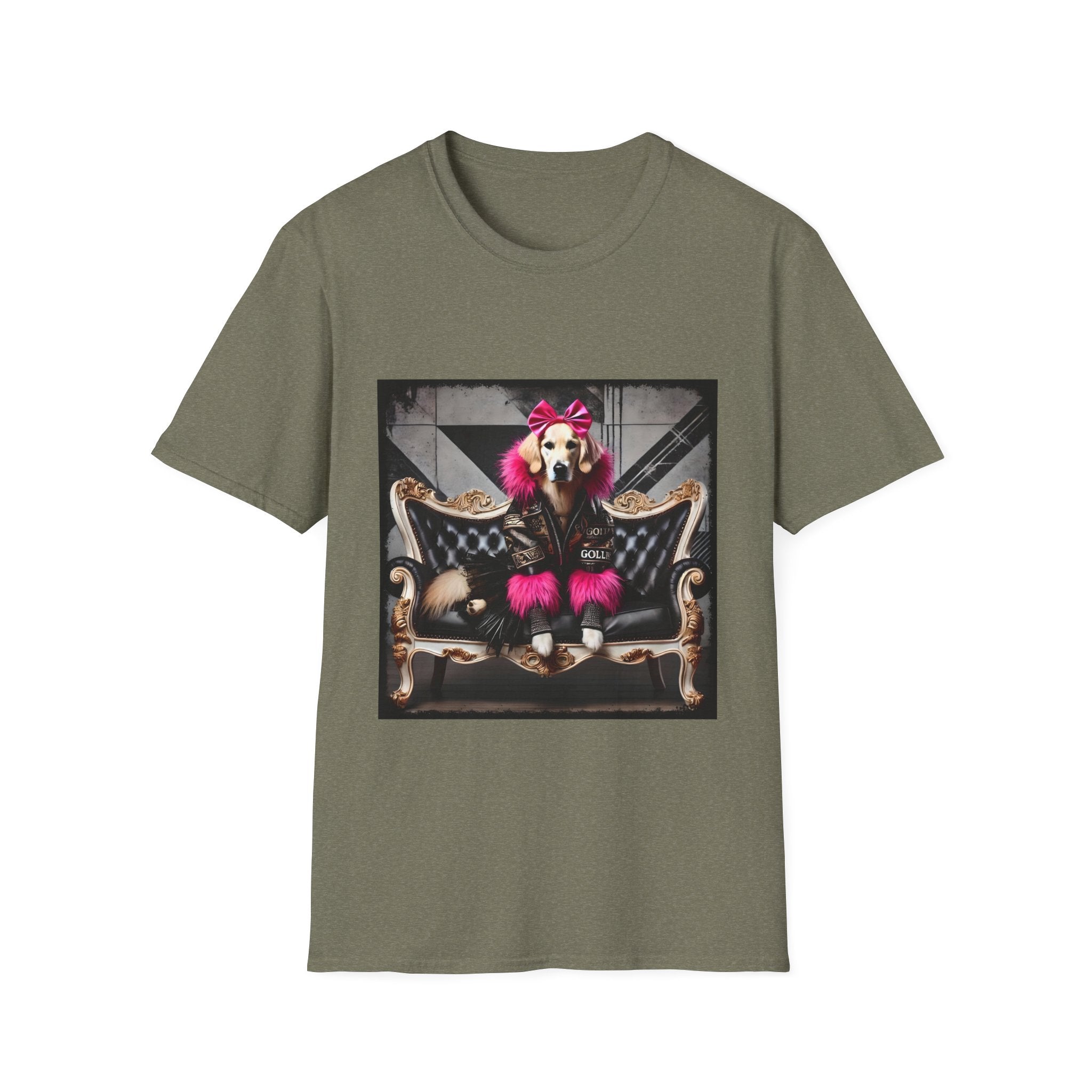 Heather military green dog t-shirt featuring golden retriever with pink bow and fur outfit on black settee in edgy backdrop.