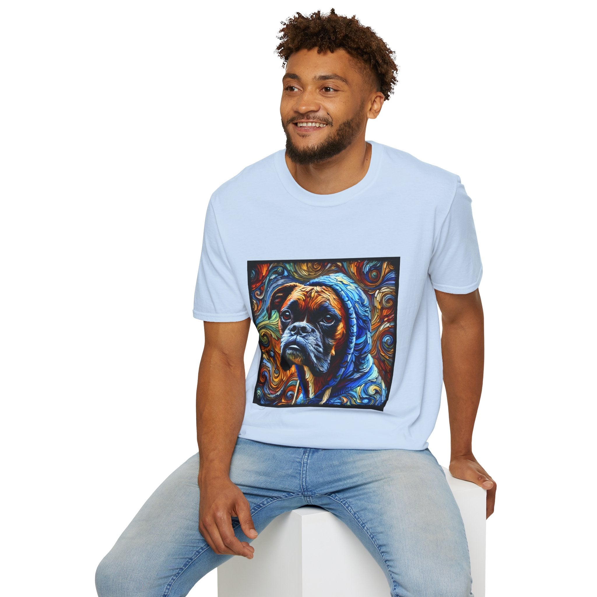 Male model in light blue dog t-shirt featuring a boxer in a blue hoodie with swirled orange, gold, and teal background design.