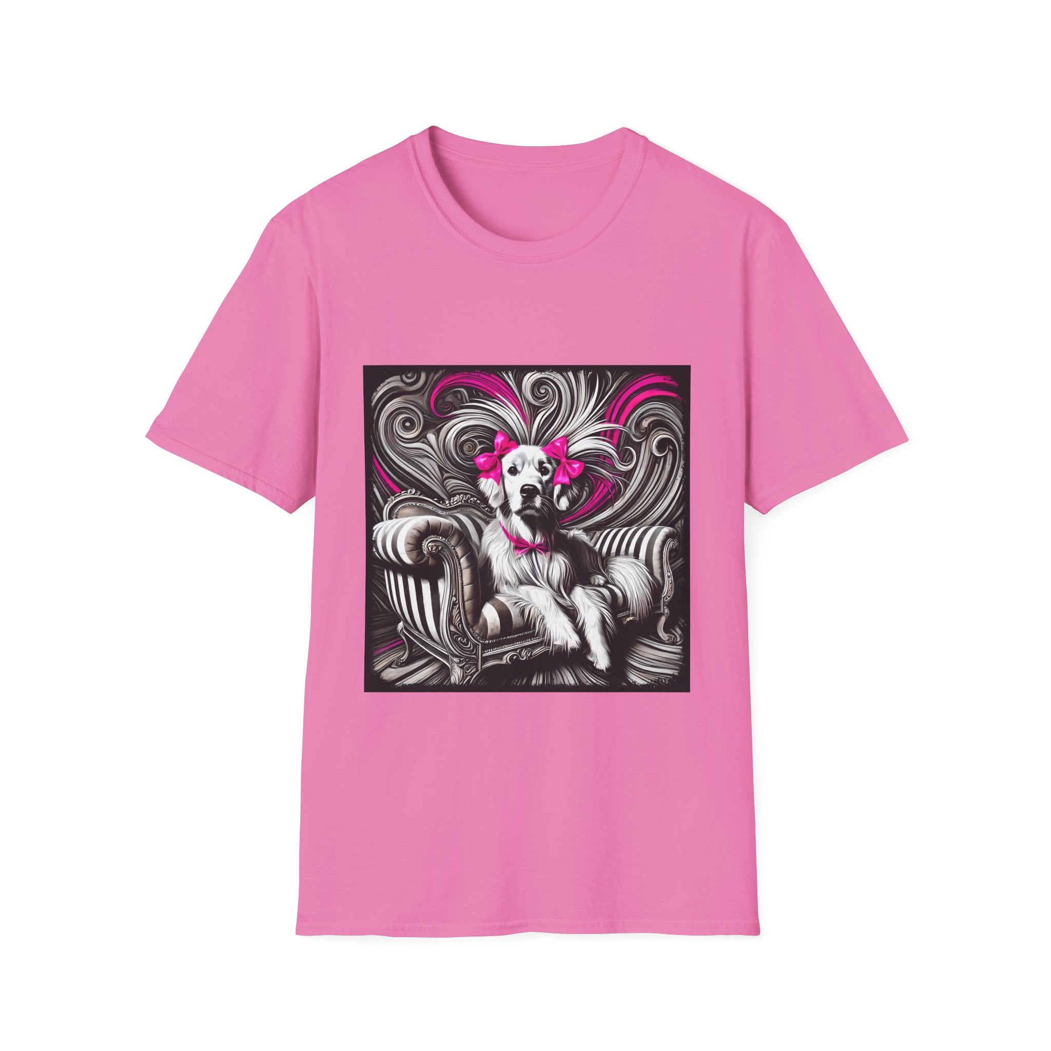 Pink dog t-shirt featuring black-and-white art of retriever with pink bows and swirling accents.