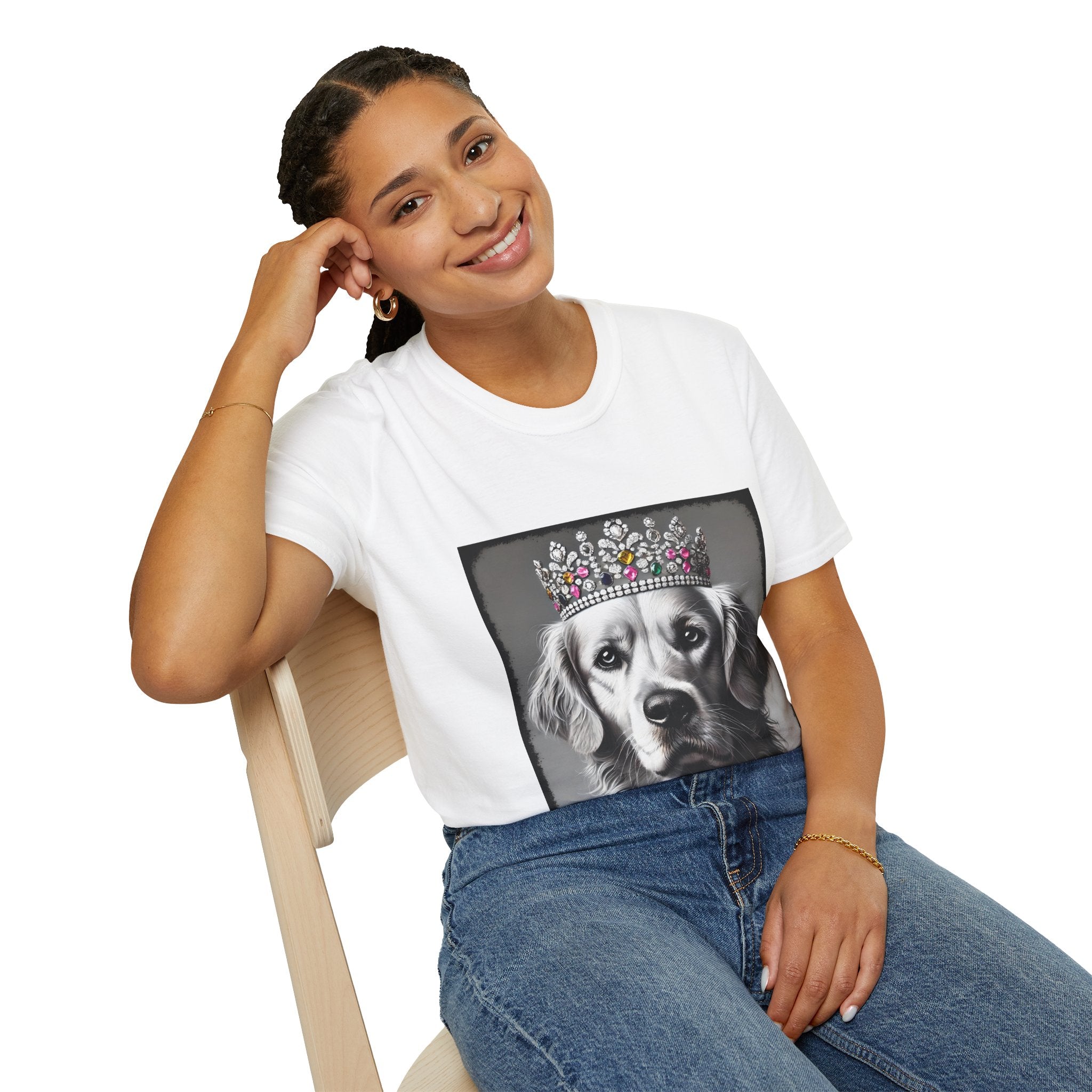 Female model wears white dog t-shirt featuring a black-and-white princess Golden Retriever with jeweled crown on gray background.