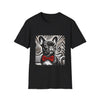 Black dog t-shirt featuring a black and white French Bulldog with a bold red bow tie and art deco backdrop.