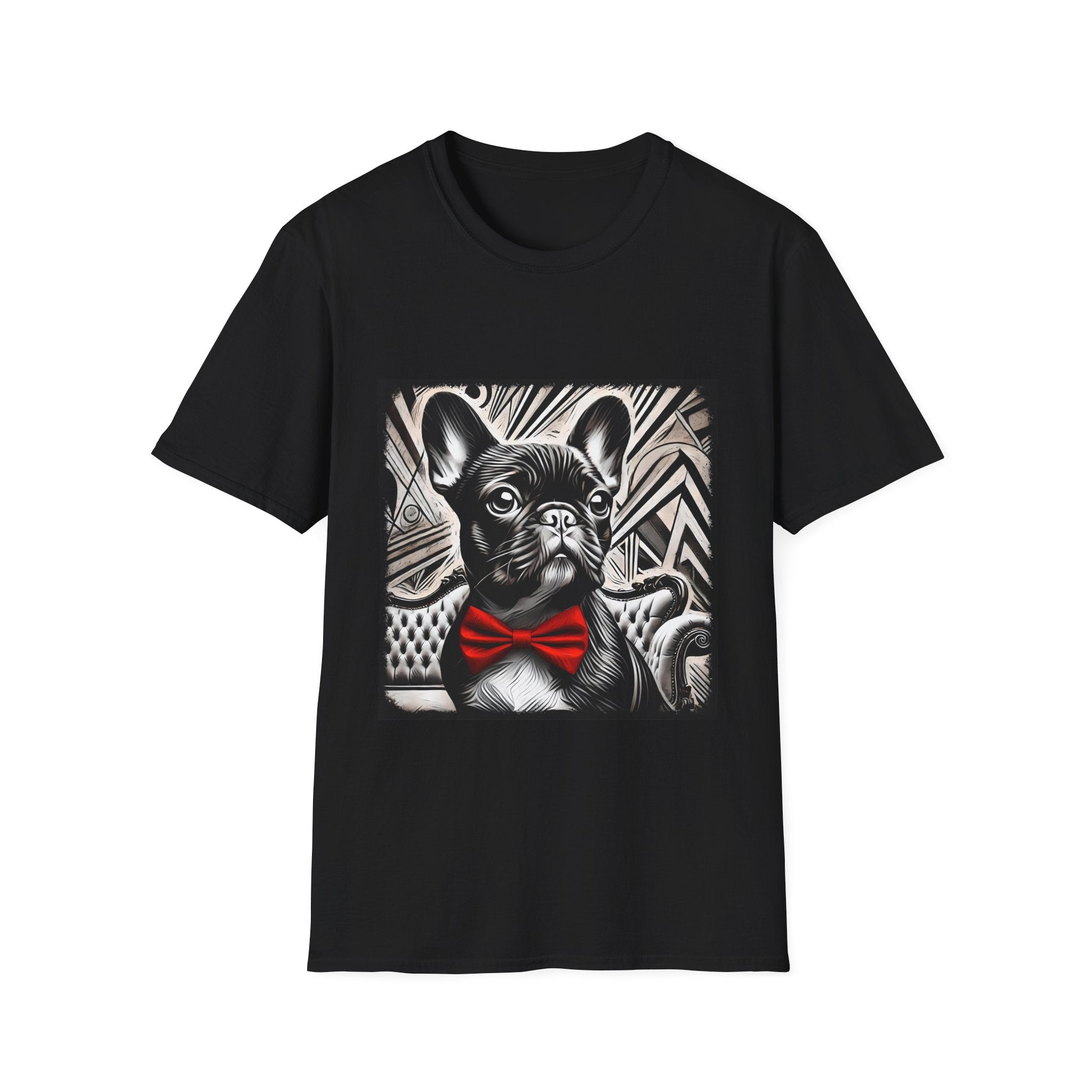 Black dog t-shirt featuring a black and white French Bulldog with a bold red bow tie and art deco backdrop.
