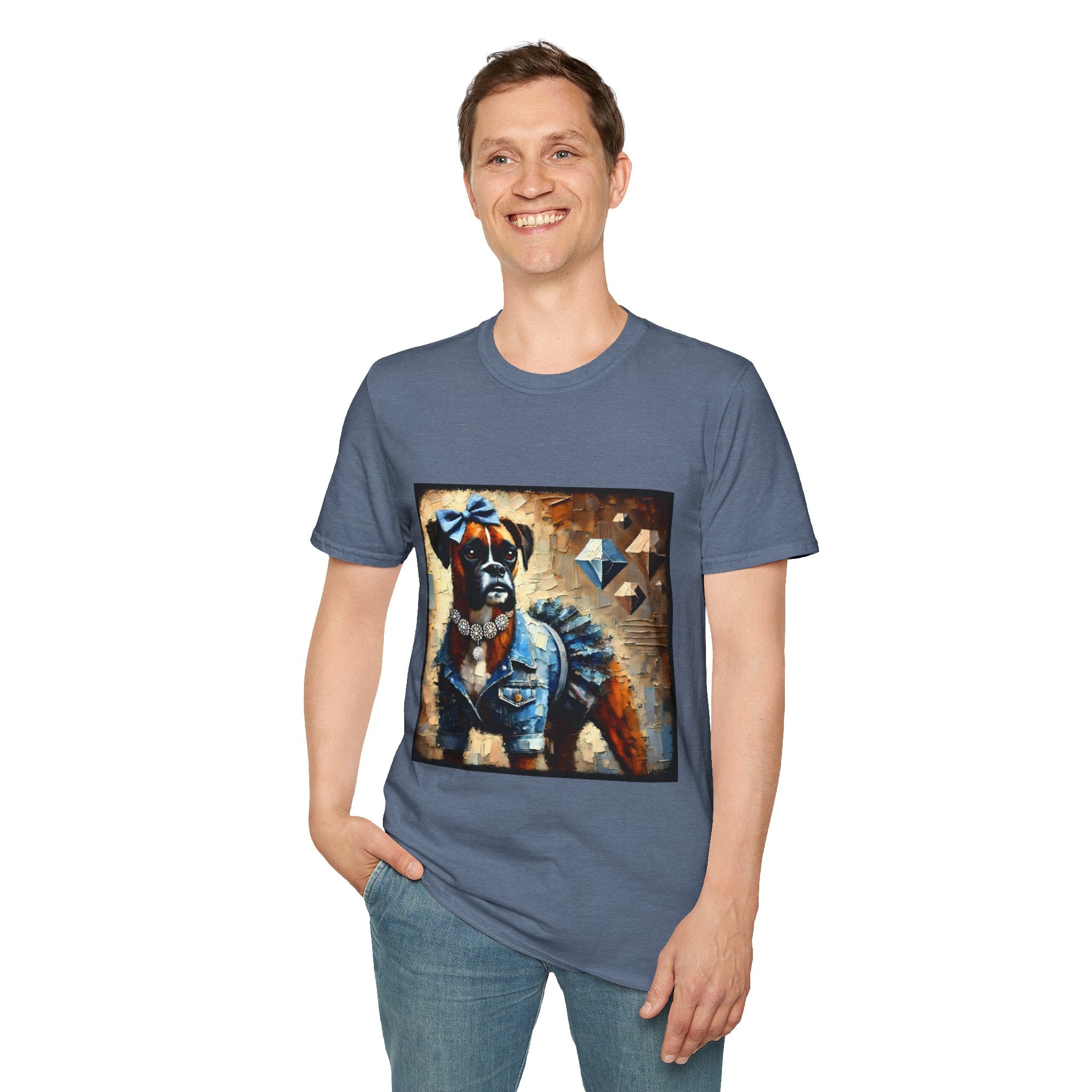Male model in heather indigo dog t-shirt with boxer in denim ruffle dress, blue bow, diamond collar, and abstract gem background.