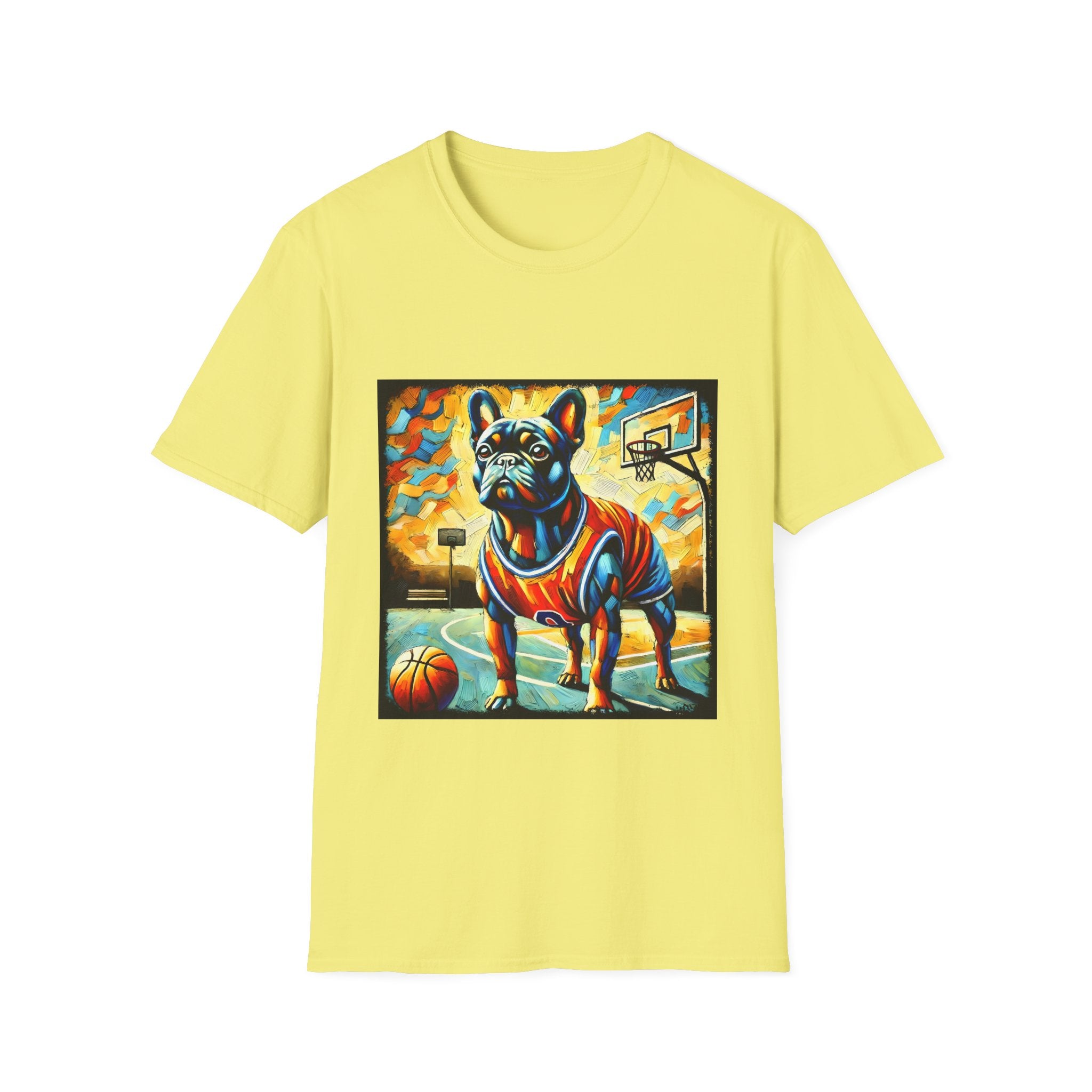 Yellow dog t-shirt featuring French Bulldog in red jersey on basketball court, expressionism style.