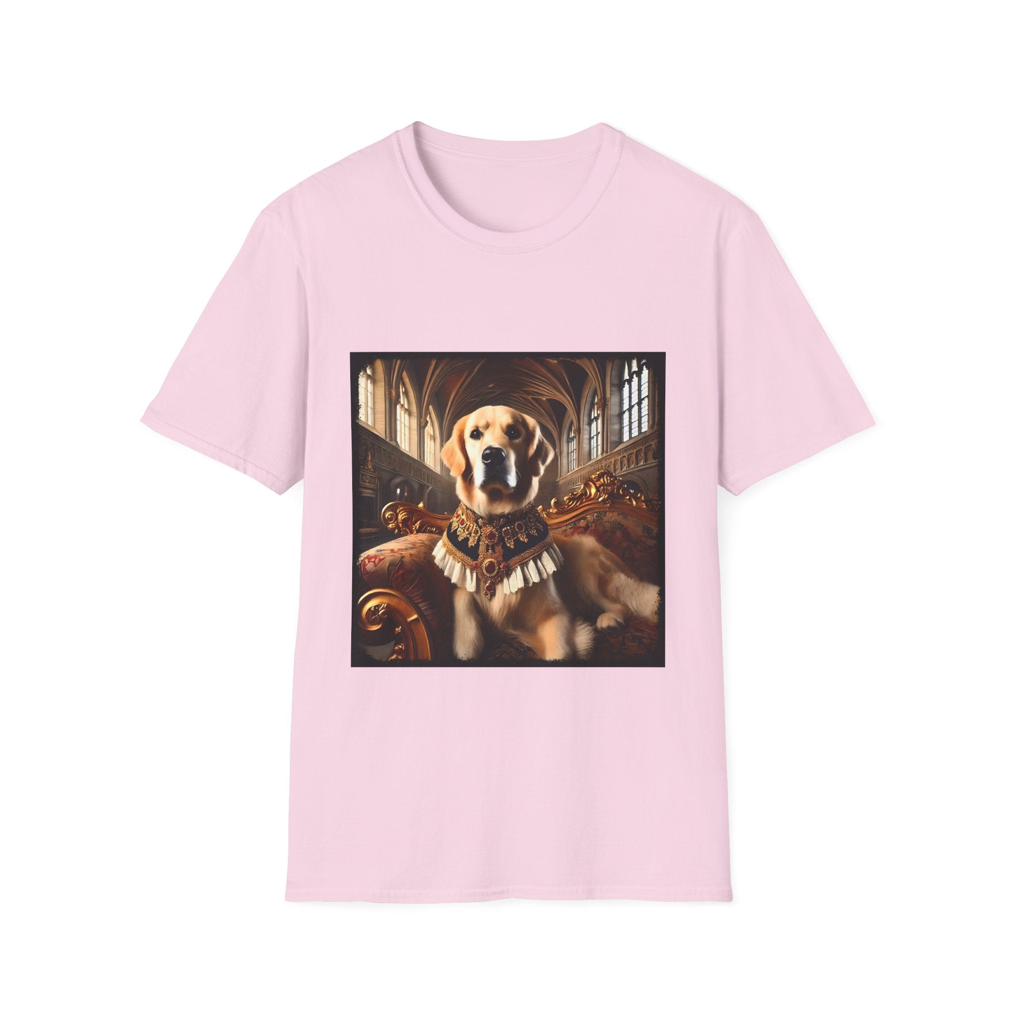 Light pink dog t-shirt featuring golden retriever in royal collar on ornate settee in gothic hall.