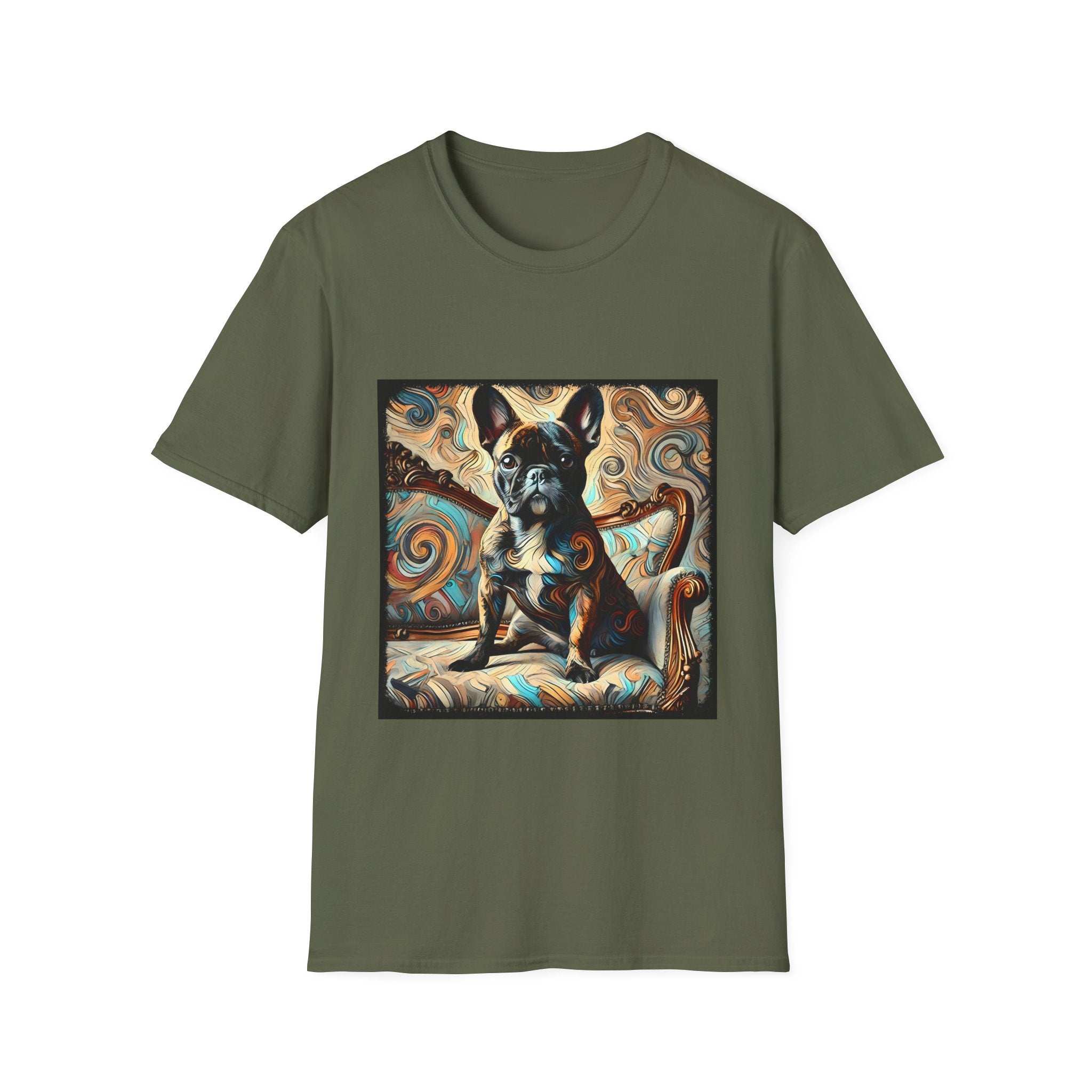 Military green dog t-shirt featuring black and tan French Bulldog on ornate settee with swirl pattern background.