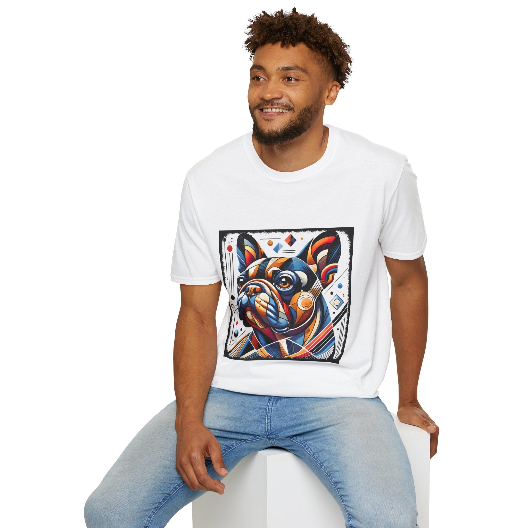 Male model in white dog t-shirt featuring geometric-style French Bulldog in vivid orange, blue, and red against a white abstract background.