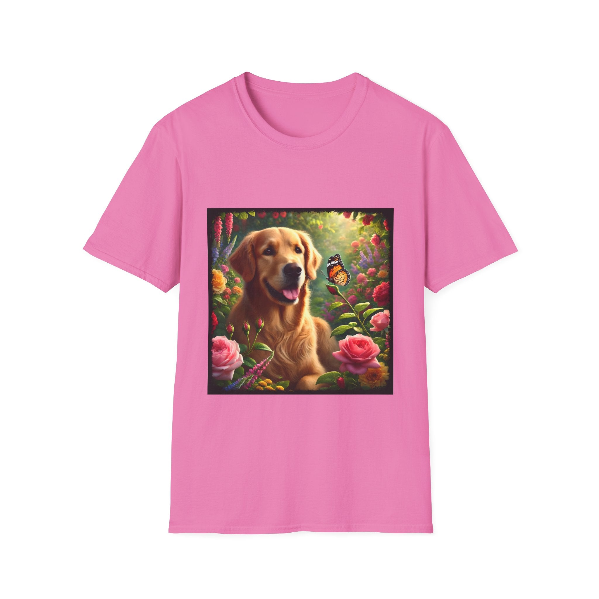 Pink dog t-shirt featuring a golden retriever in a vibrant garden with roses, wildflowers, and a butterfly.