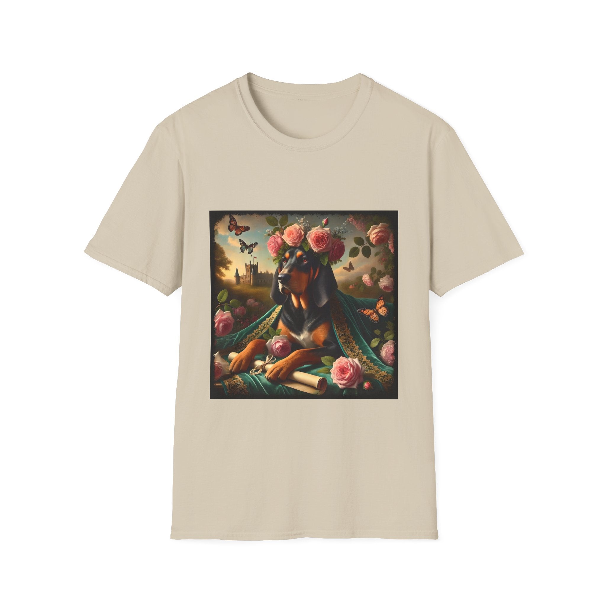 Sand dog t-shirt featuring coonhound in rose garden wearing green embroidered cape and crown of pink flowers.