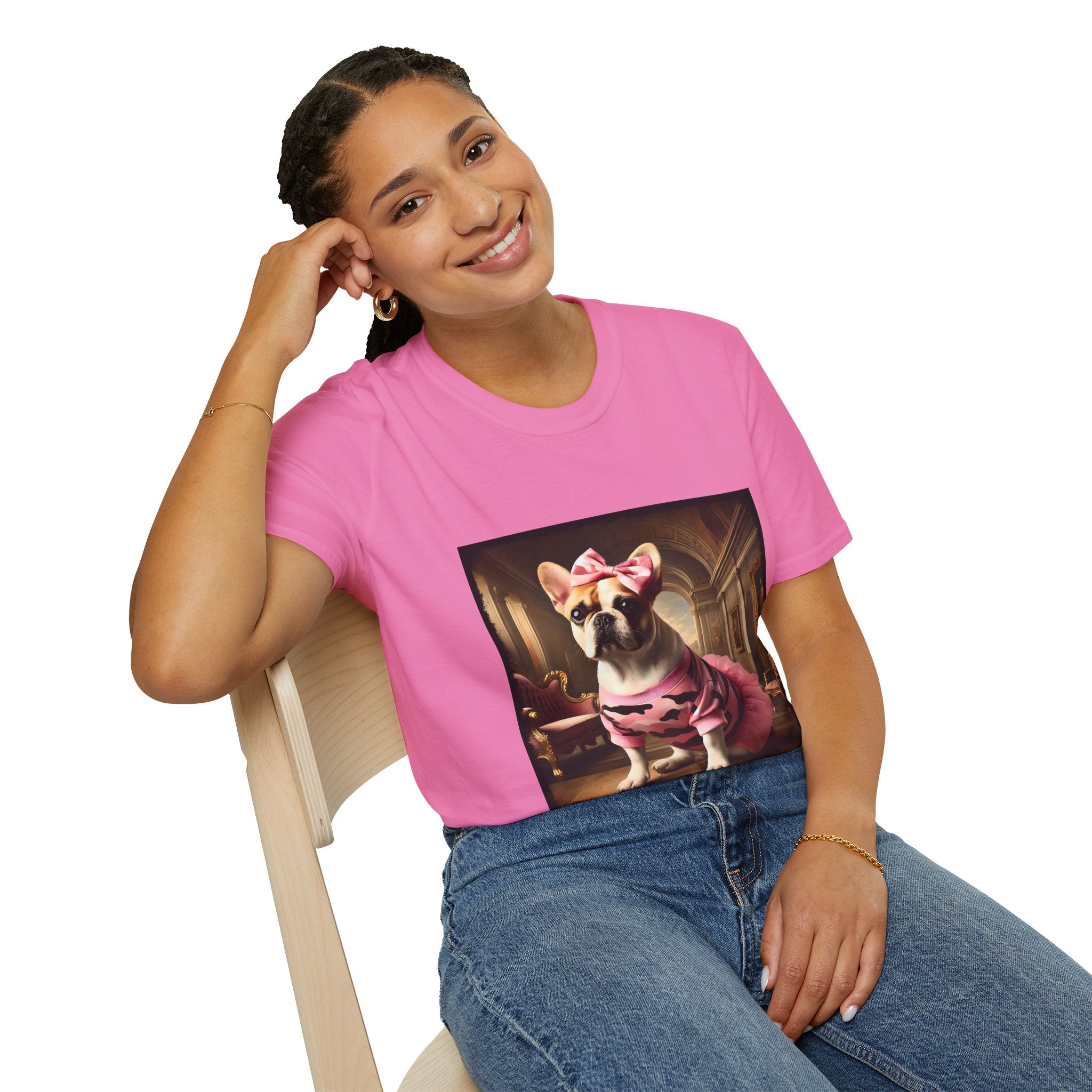 Woman sitting in pink dog t-shirt featuring fawn and white French Bulldog in pink camouflage dress and bow in ornate hallway scene.