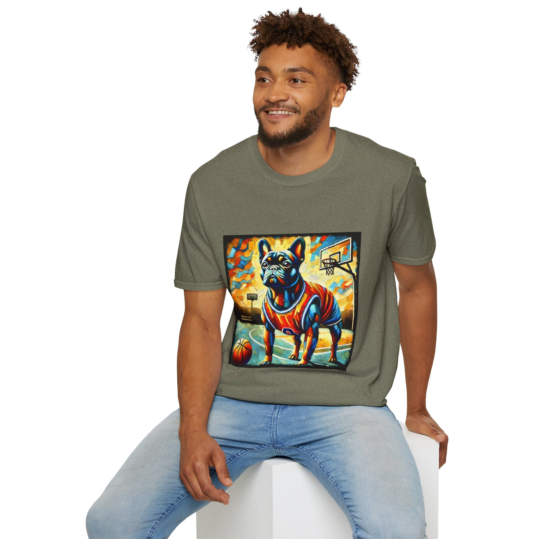 Male model in heather military green dog t-shirt featuring French Bulldog in red jersey on basketball court, expressionism style.