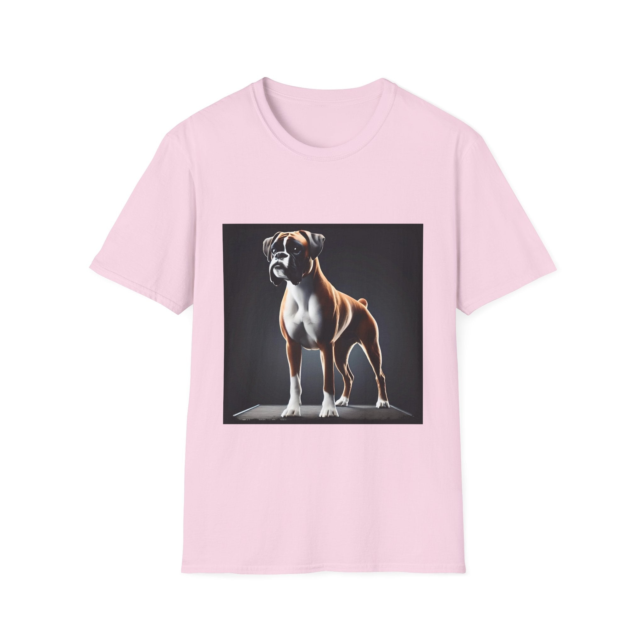 Light pink dog t-shirt featuring standing boxer on platform with black background and dramatic lighting.