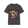 Dark heather dog t-shirt featuring fawn and white French Bulldog in pink camouflage dress and bow in ornate hallway scene.