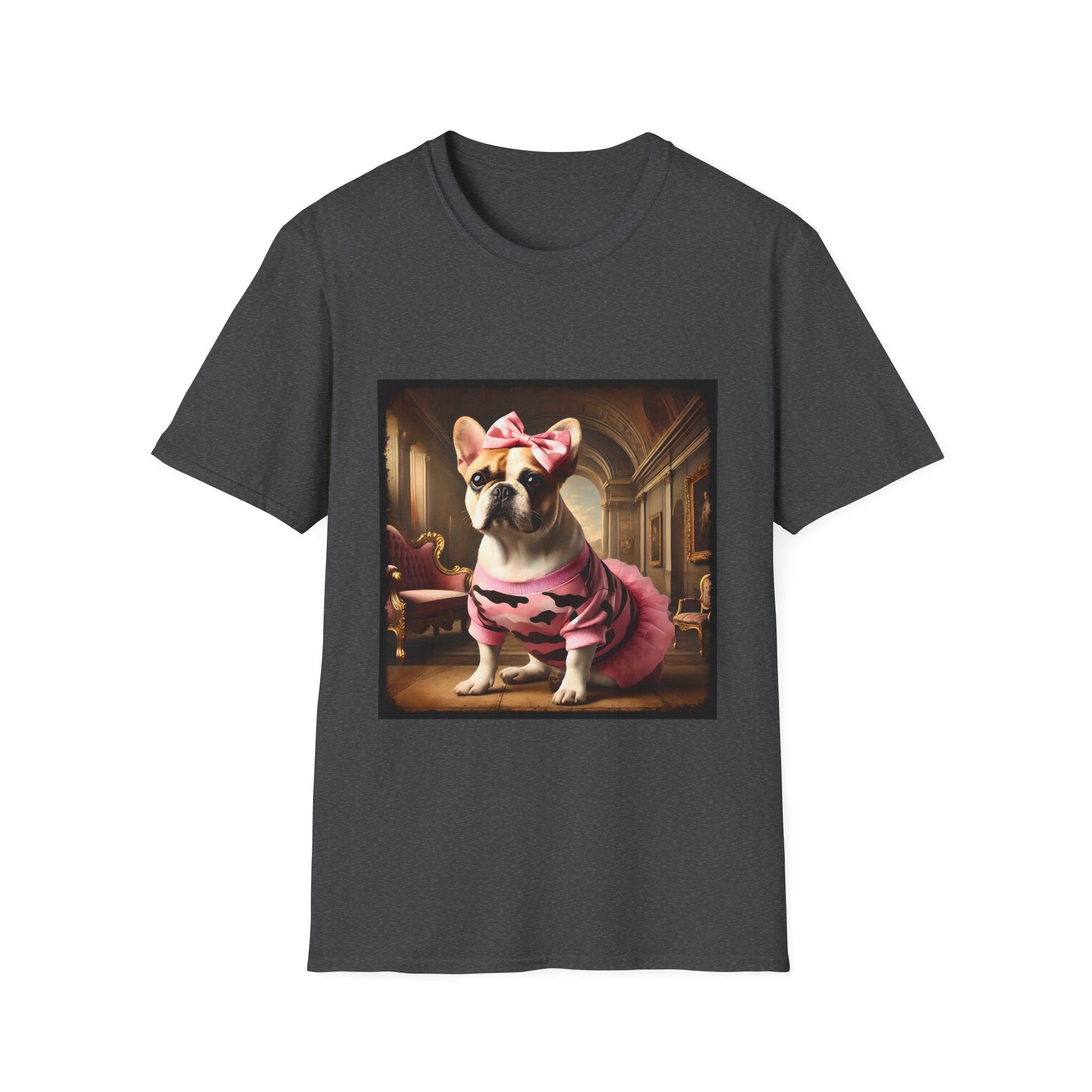 Dark heather dog t-shirt featuring fawn and white French Bulldog in pink camouflage dress and bow in ornate hallway scene.