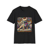 Black dog t-shirt featuring a tan French Bulldog with pink bow and heart on a vivid rainbow swirl couch.