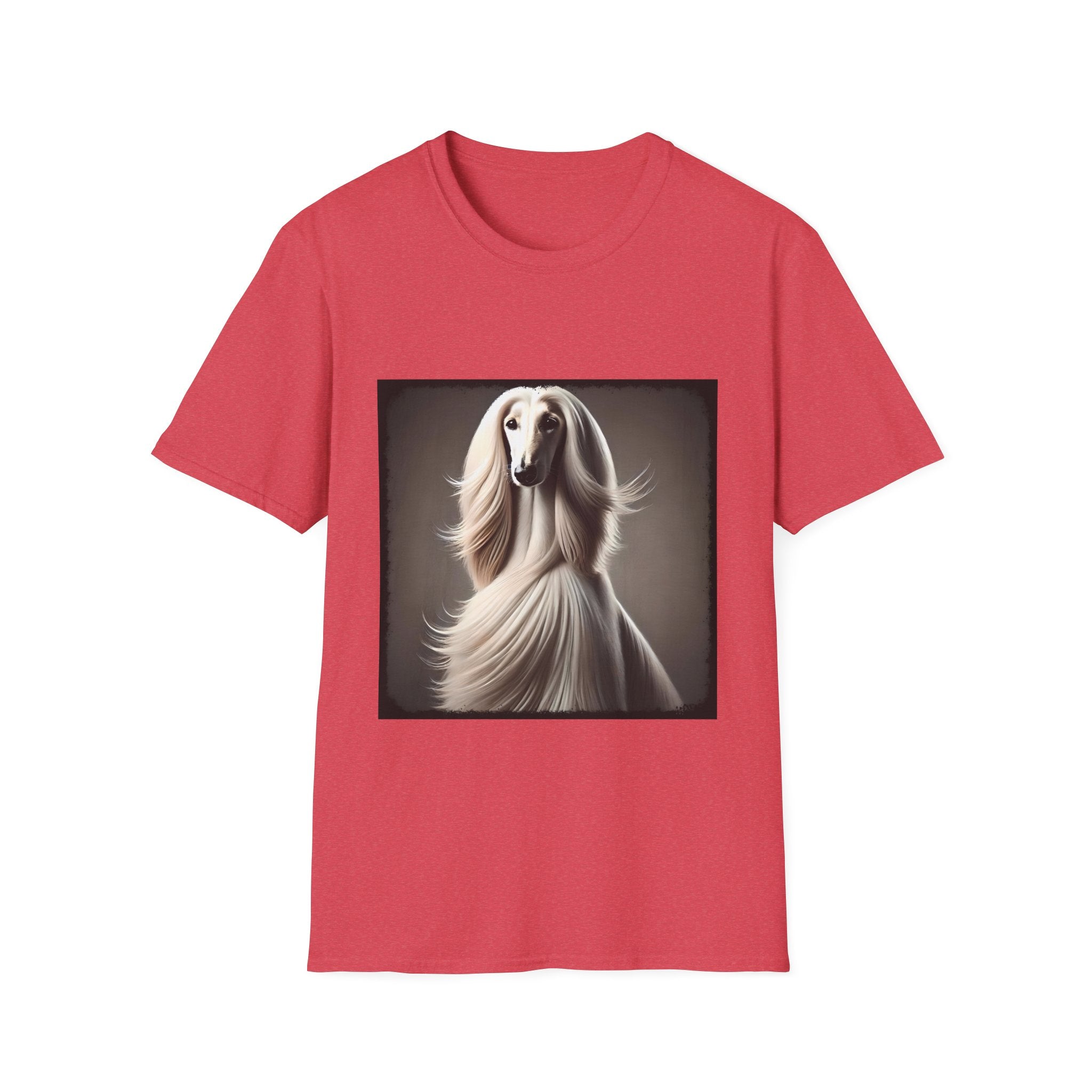 White Afghan Hound with flowing hair, featured on a stylish red dog t-shirt against a soft background.