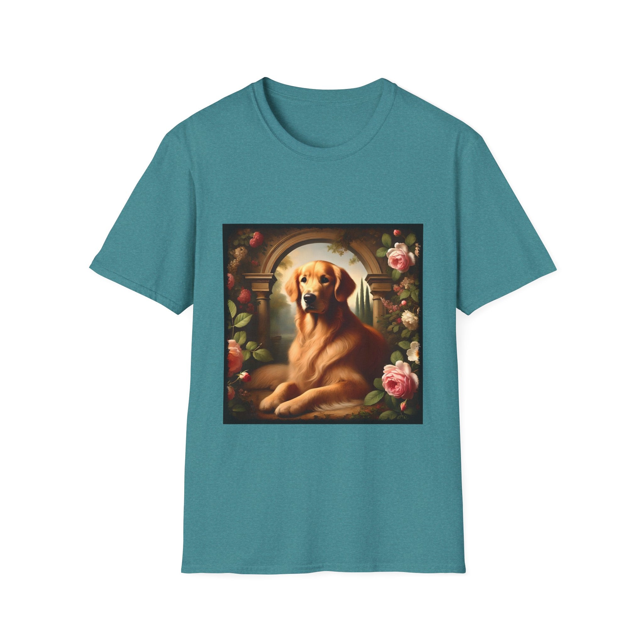Teal dog t-shirt featuring golden retriever lounging under stone arch, surrounded by roses and greenery.