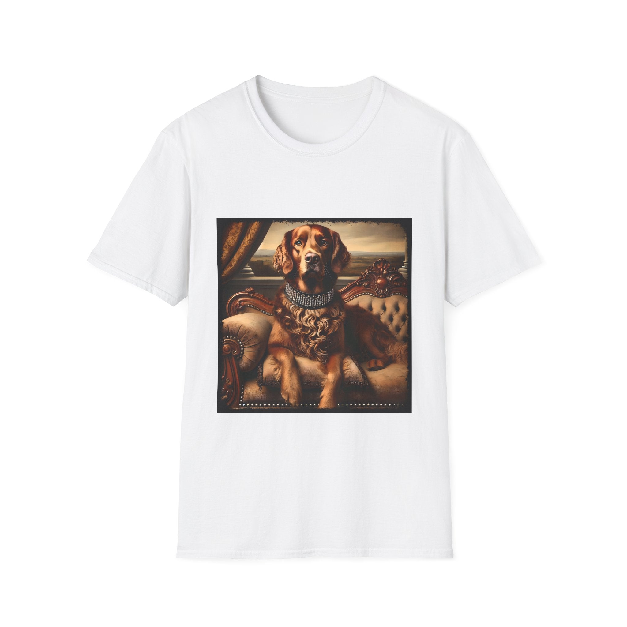 White dog t-shirt featuring a chocolate brown golden retriever in a jeweled collar, seated on a vintage tufted settee.