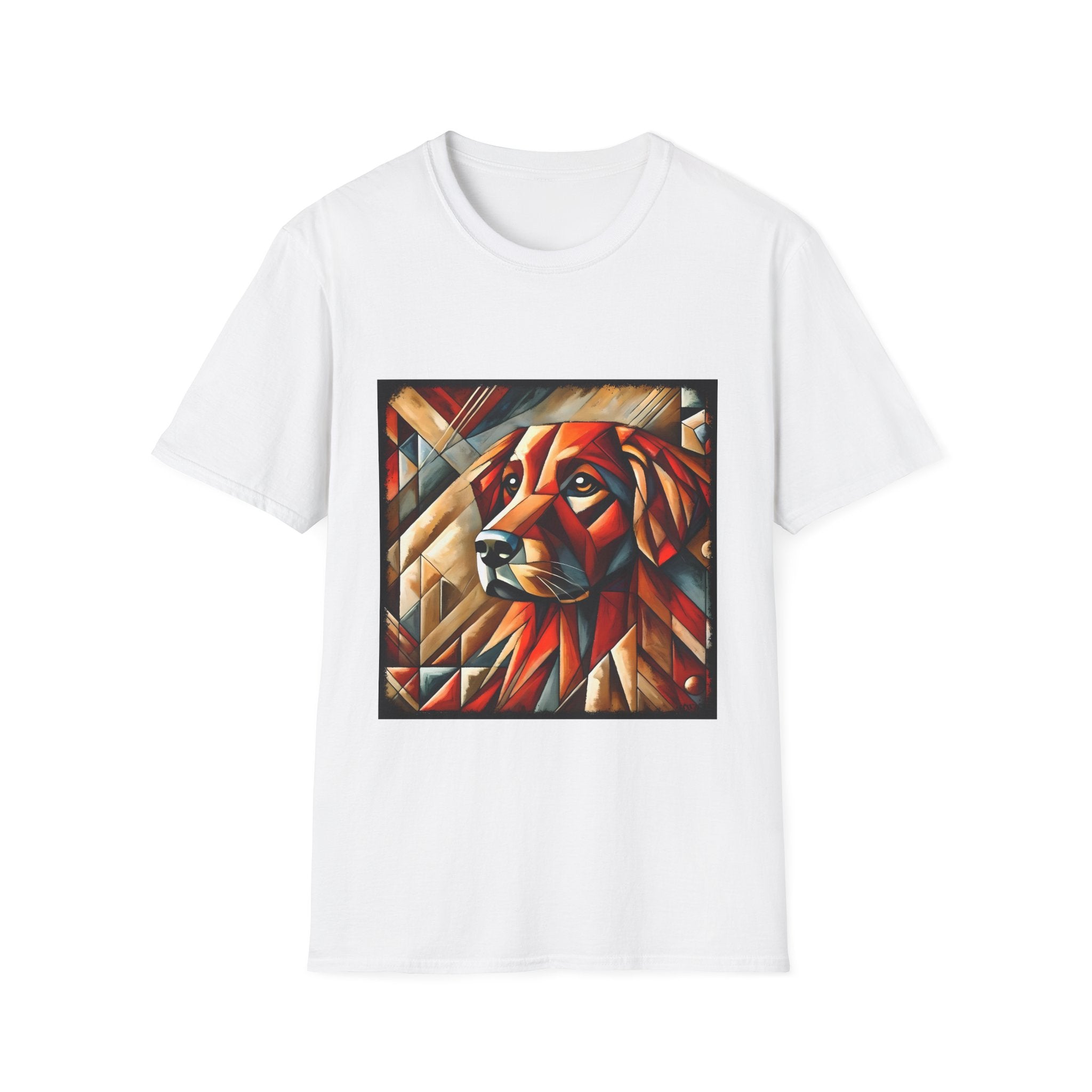 White dog t-shirt featuring red geometric golden retriever portrait in cubist style with bold angles.