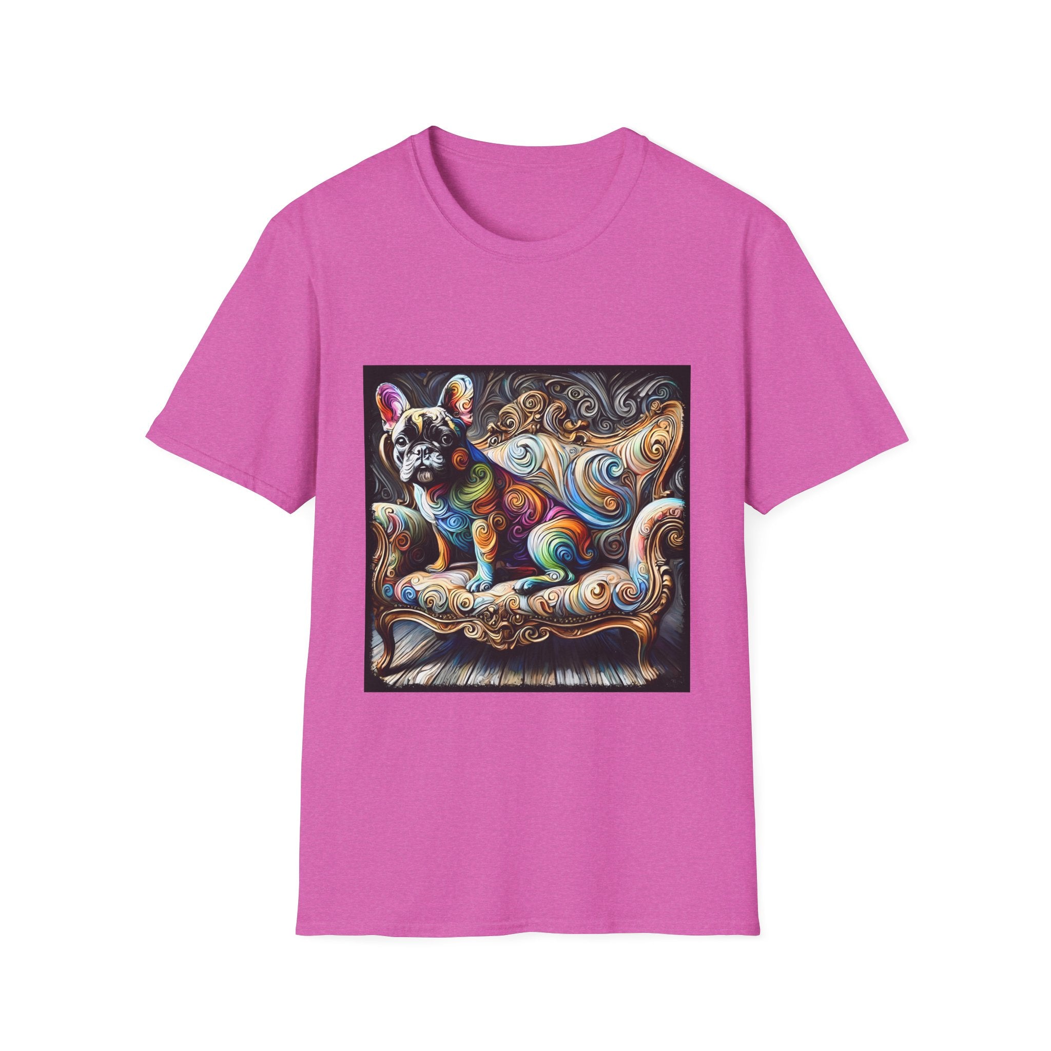 Orchid pink t-shirt featuring rainbow French Bulldog on golden settee with swirl pattern, expressionism style.