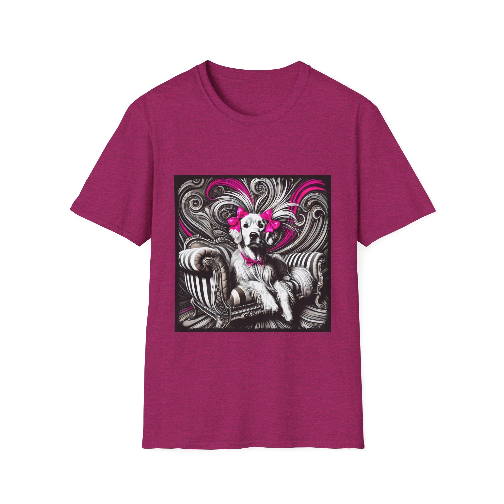 Heather raspberry dog t-shirt featuring black-and-white art of retriever with pink bows and swirling accents.