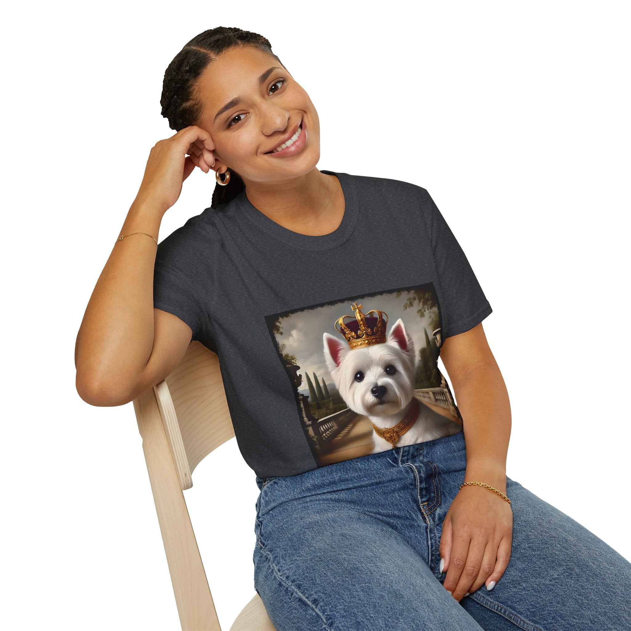 Female model in dark heather gray dog t-shirt featuring regal Westie in gold crown and collar on palace terrace background.