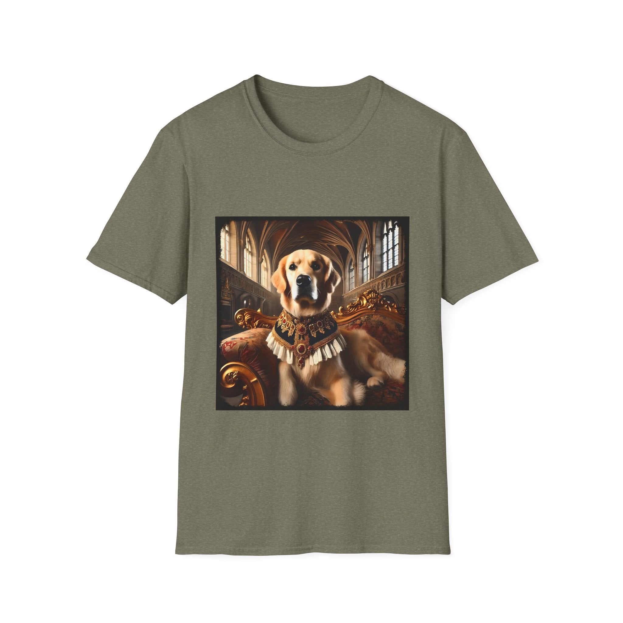 Heather military green dog t-shirt featuring golden retriever in royal collar on ornate settee in gothic hall.