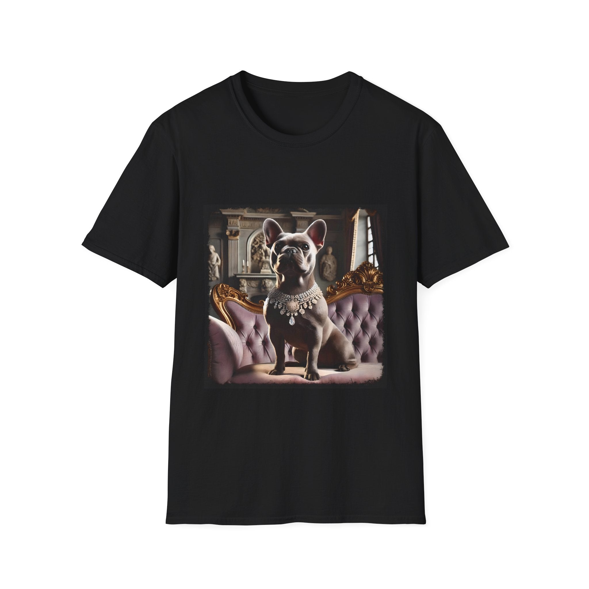 Black dog t-shirt featuring gray French Bulldog in jeweled necklace on tufted settee with grand palace-style background.