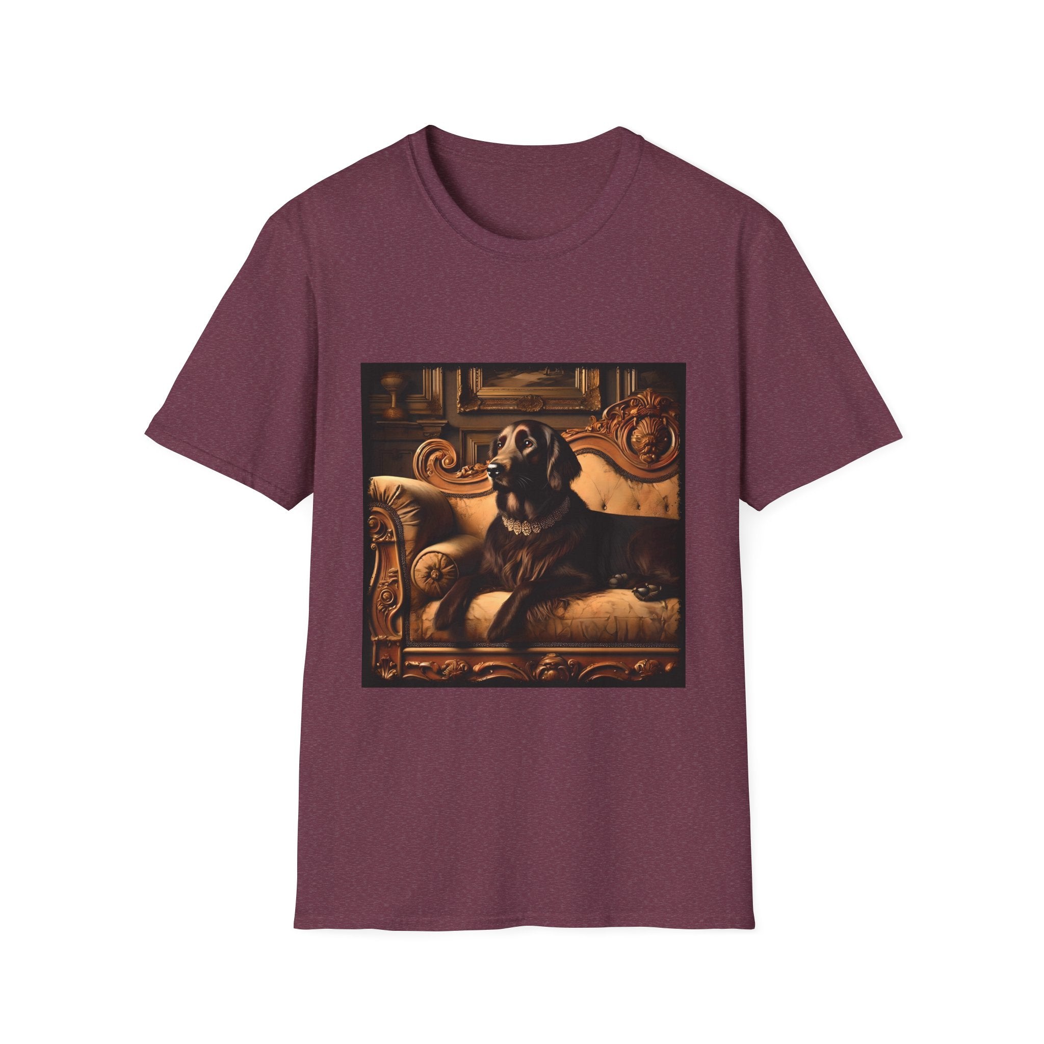 Heather maroon dog t-shirt featuring chocolate golden retriever on gold settee, jeweled collar in regal backdrop.