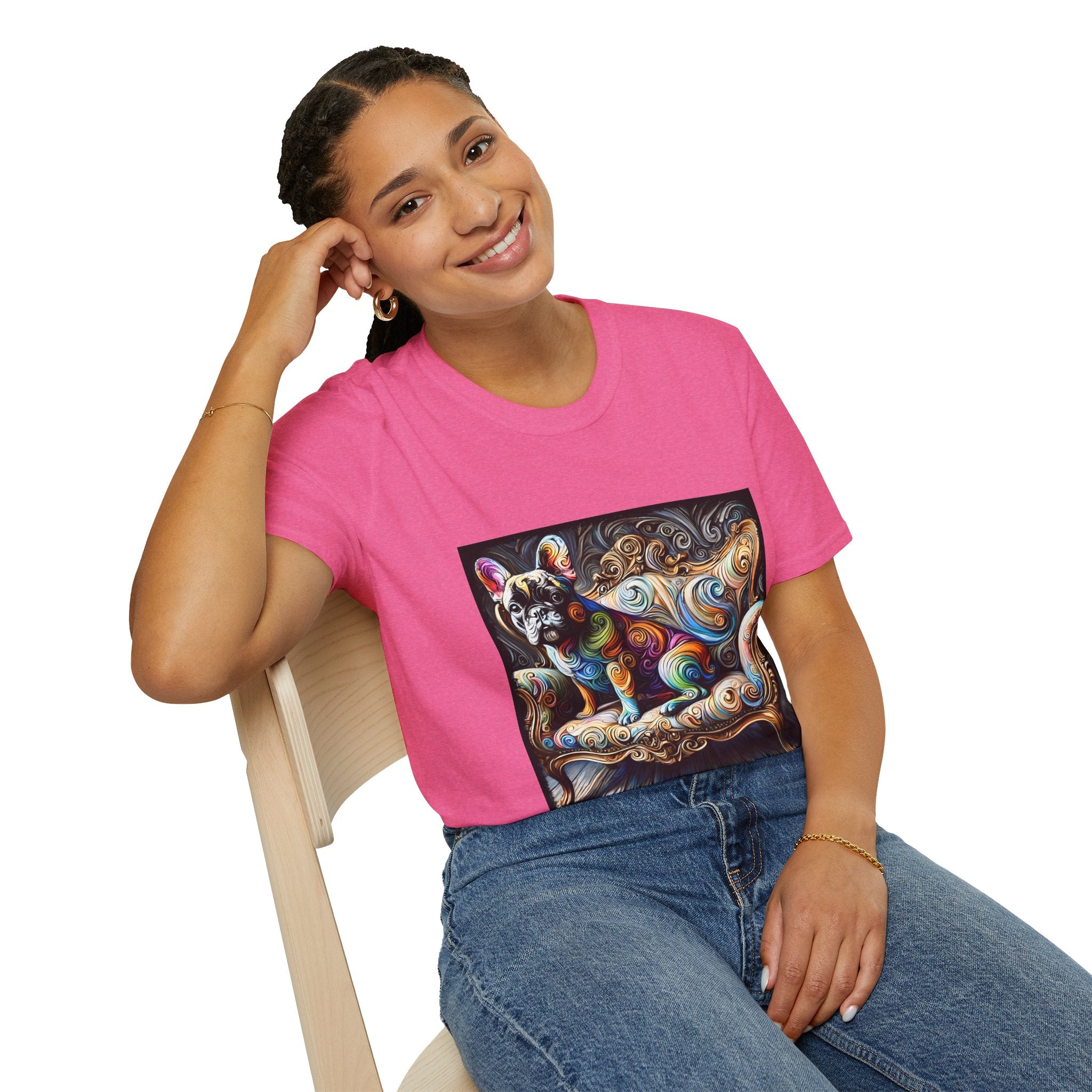 Woman sitting in bright pink t-shirt featuring rainbow French Bulldog on golden settee with swirl pattern, expressionism style.