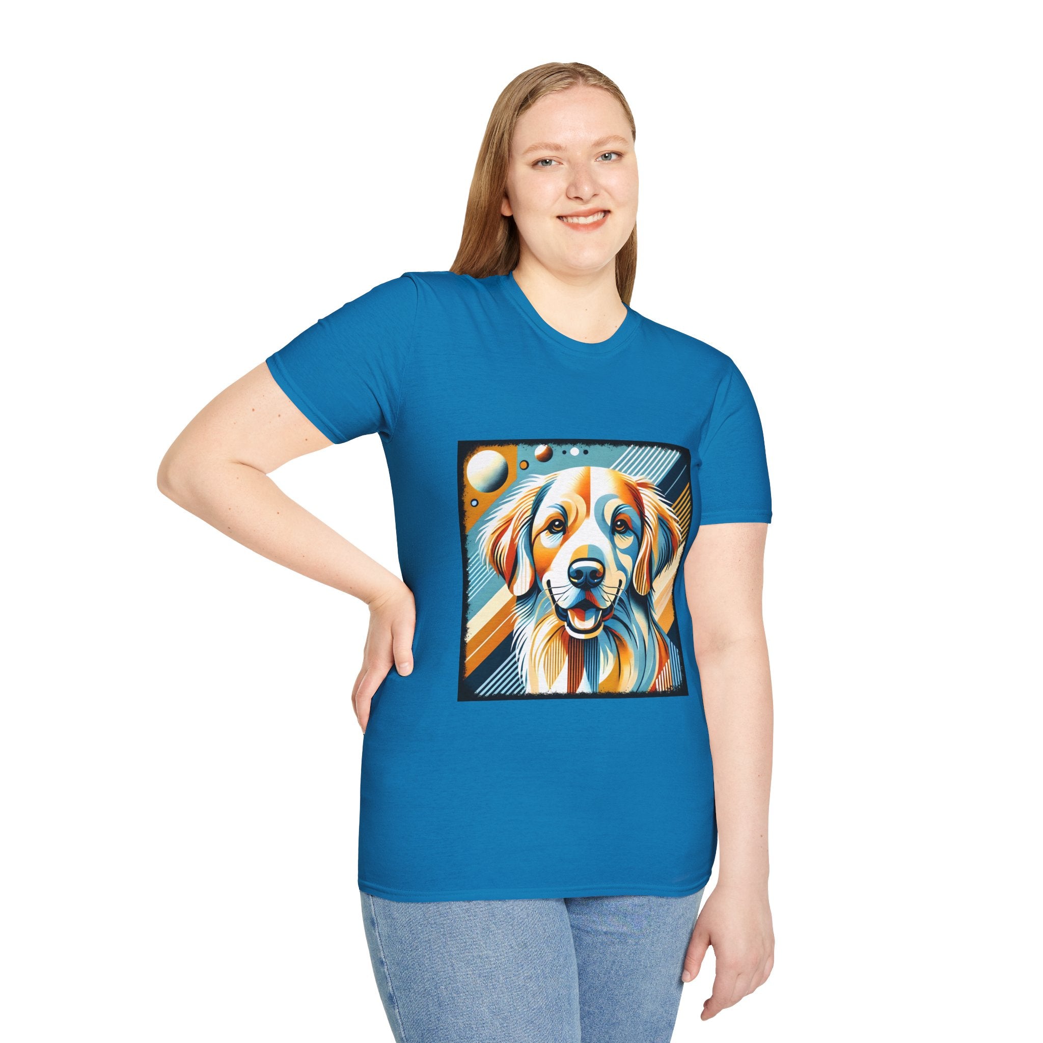 Female model in sapphire blue dog t-shirt featuring smiling golden retriever in abstract pop style with blue, orange, and cream tones.