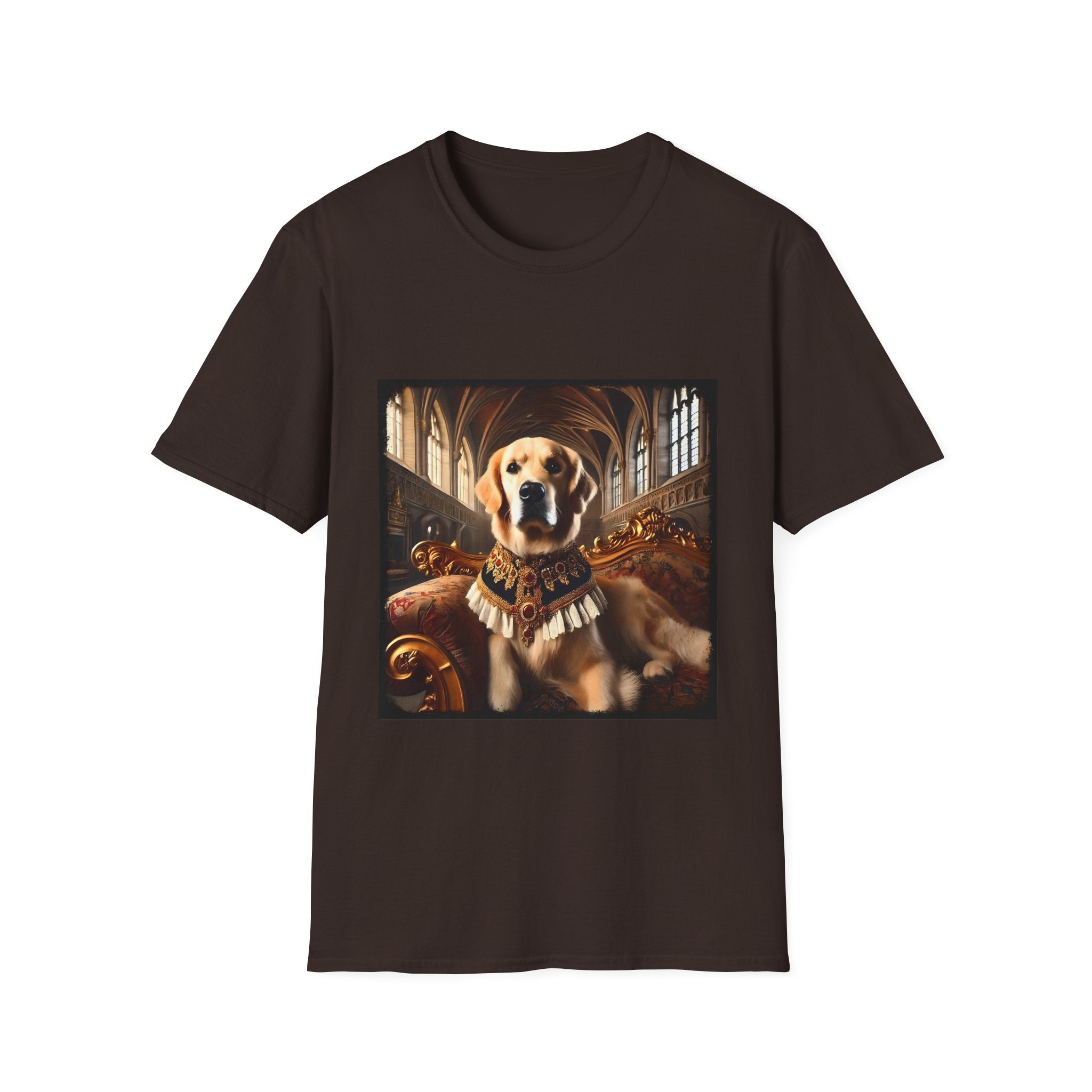 Dark chocolate dog t-shirt featuring golden retriever in royal collar on ornate settee in gothic hall.