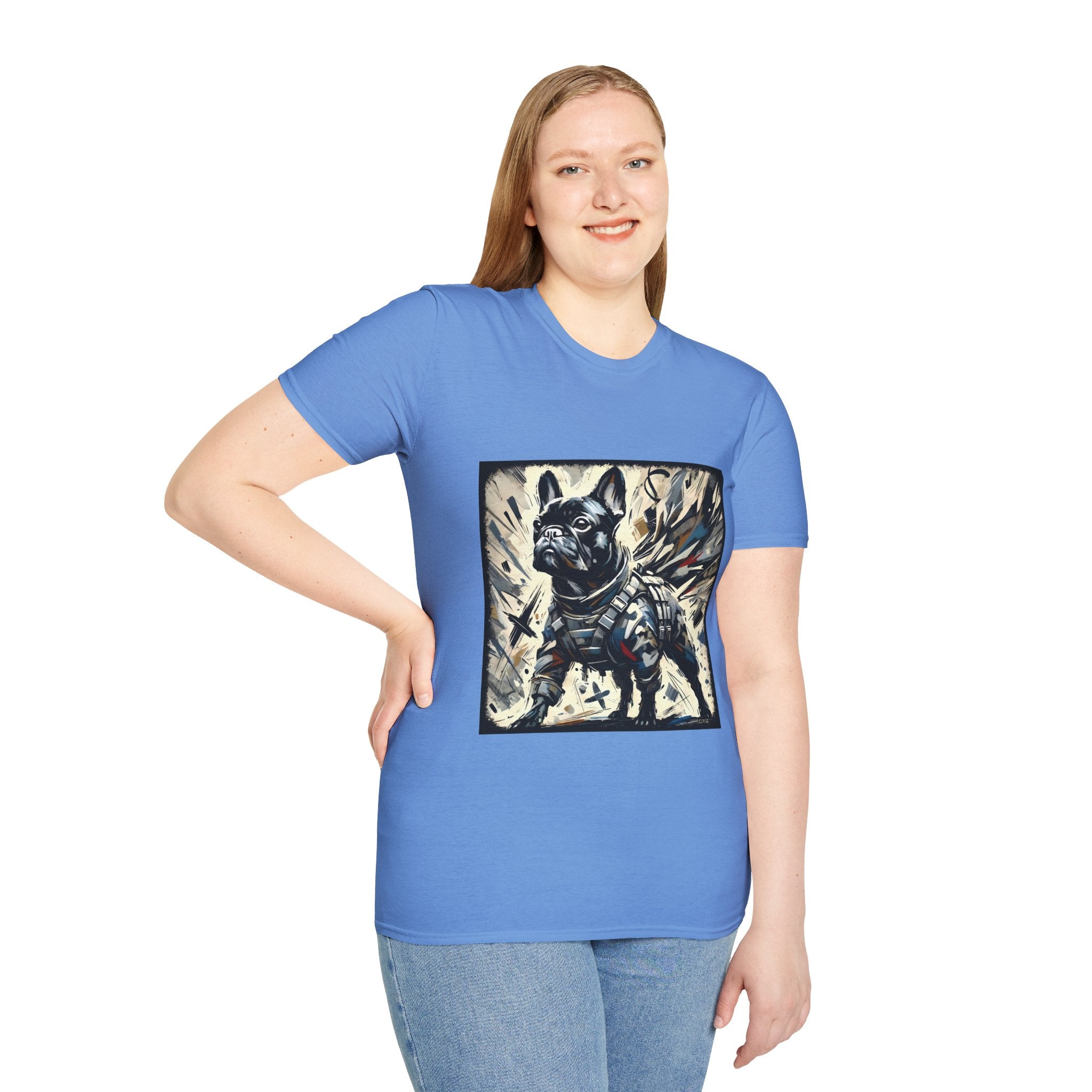 Woman smiling in Carolina blue dog t-shirt featuring heroic black French Bulldog in battle armor, set against abstract explosive strokes.