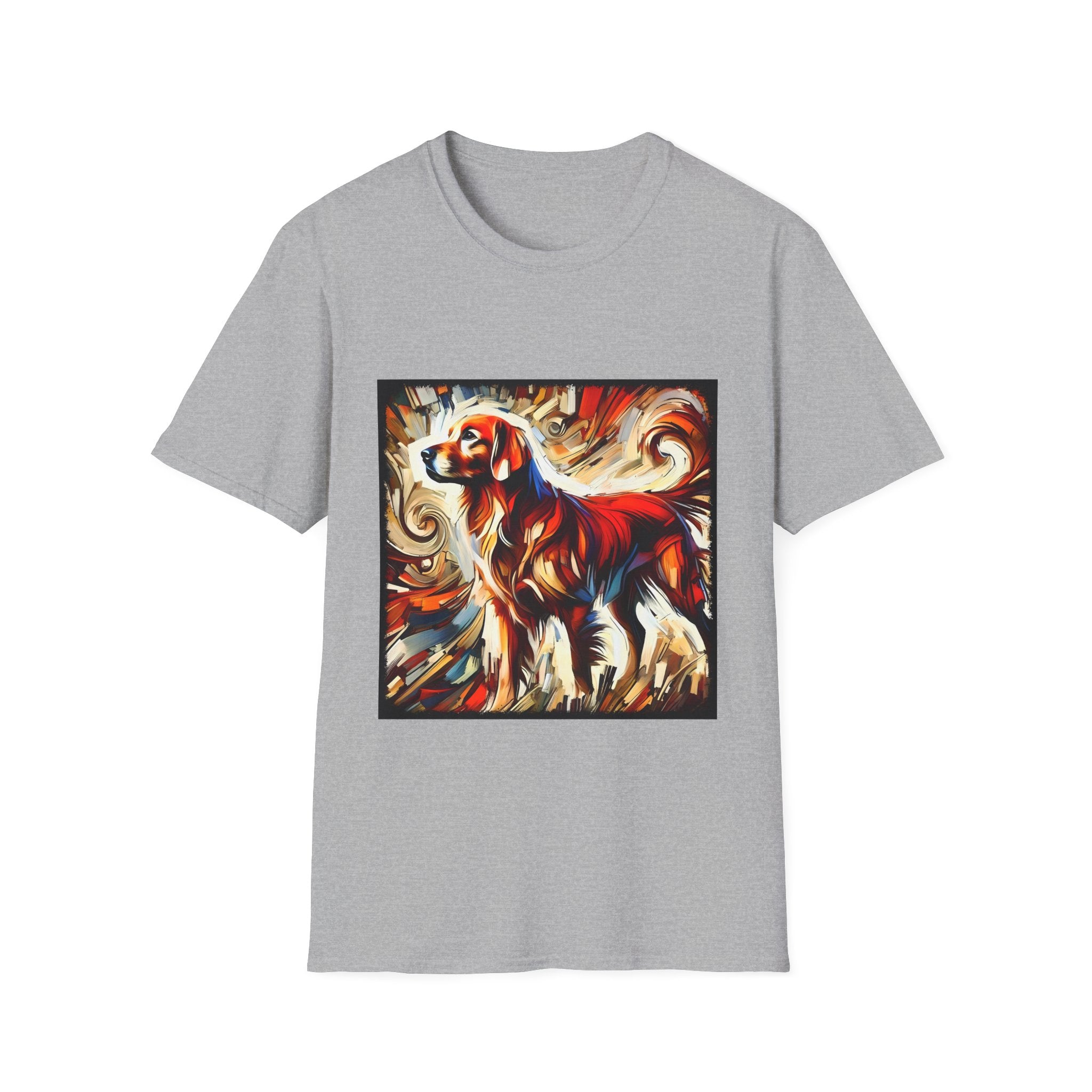 Sport gray dog t-shirt with golden retriever in red coat, abstract swirl background in bold warm tones.